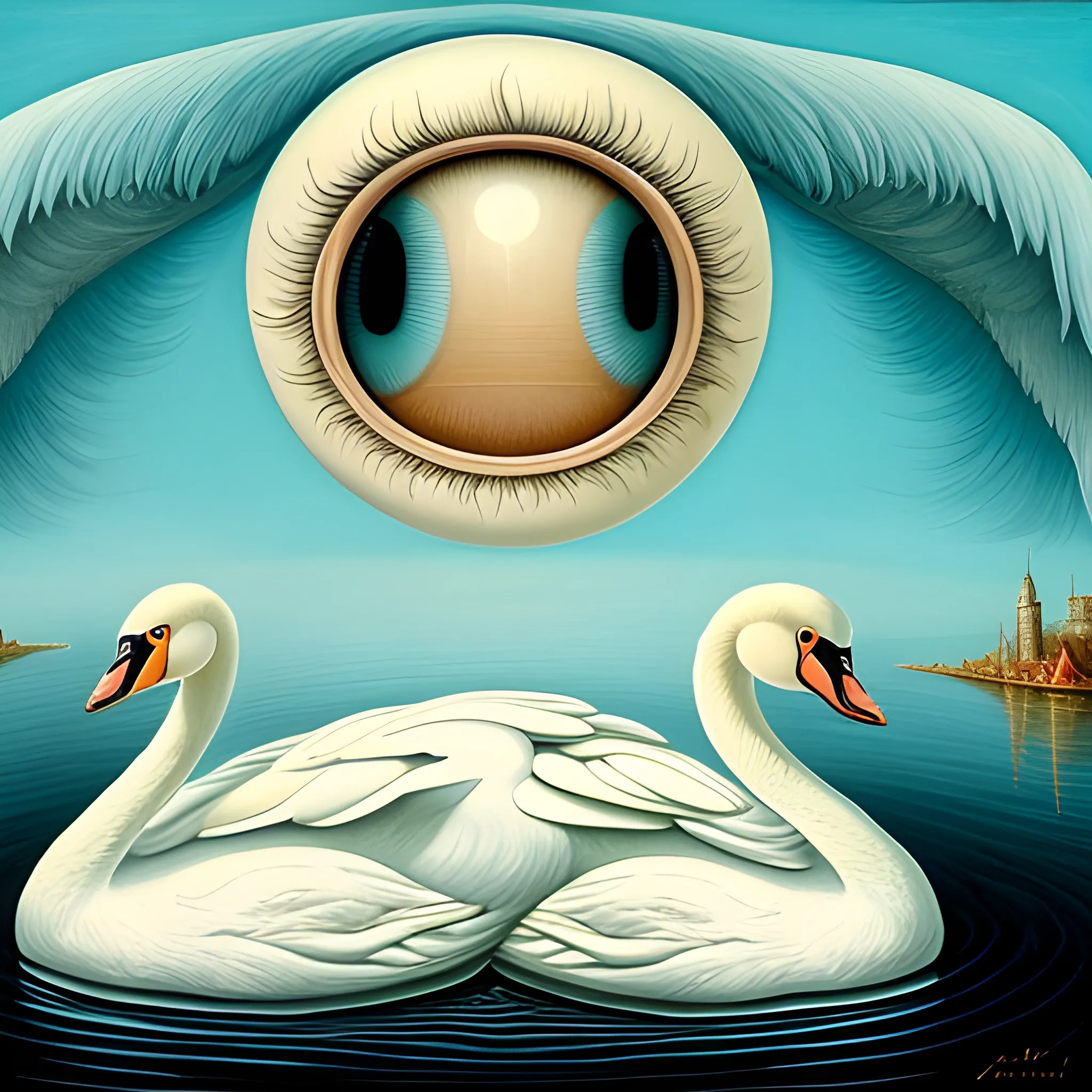 a swan with a giant eye on the body and that tears from that eye give rise to new swans, a surrealism style, and as if it were a color drawing from the 17th century, Oil Painting