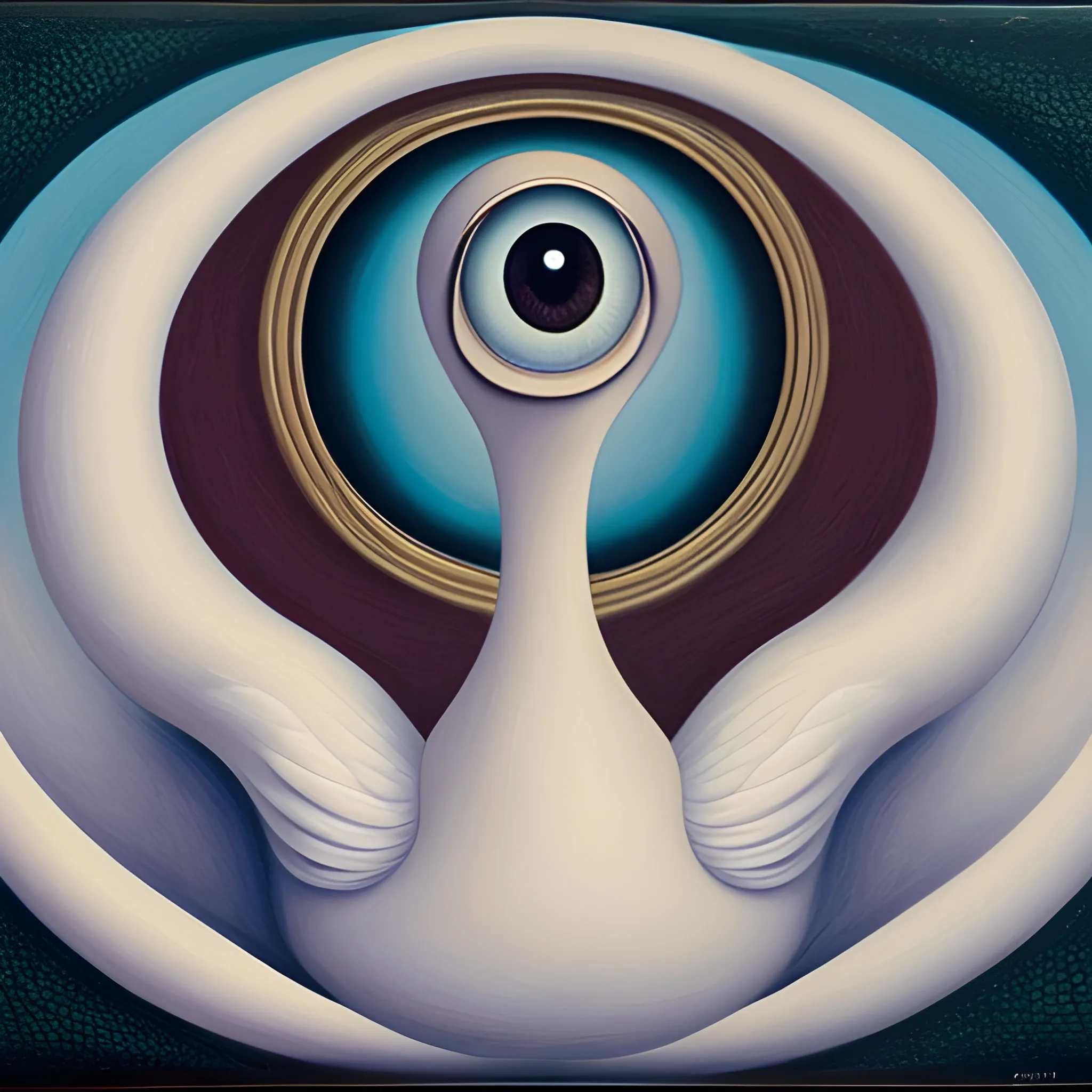 a swan with a giant eye in the body and two heads, a surrealism style, and as if it were a color drawing from the 17th century, Oil Painting
