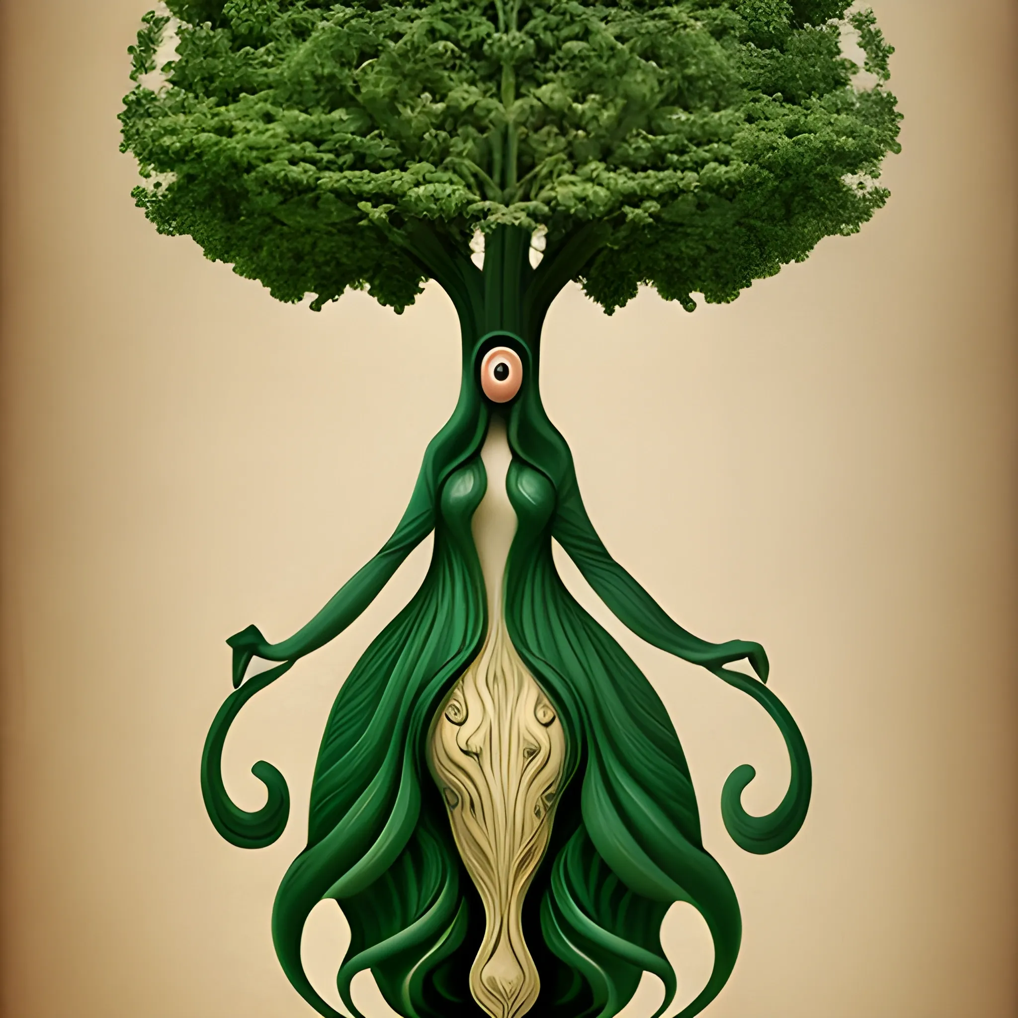 a tree with a real figure of a woman, instead of fruits many mouths, a  surrealism style, and as if it were a color drawing from the 17th century, behance contest winner, great definition,  jardin de las delicias
