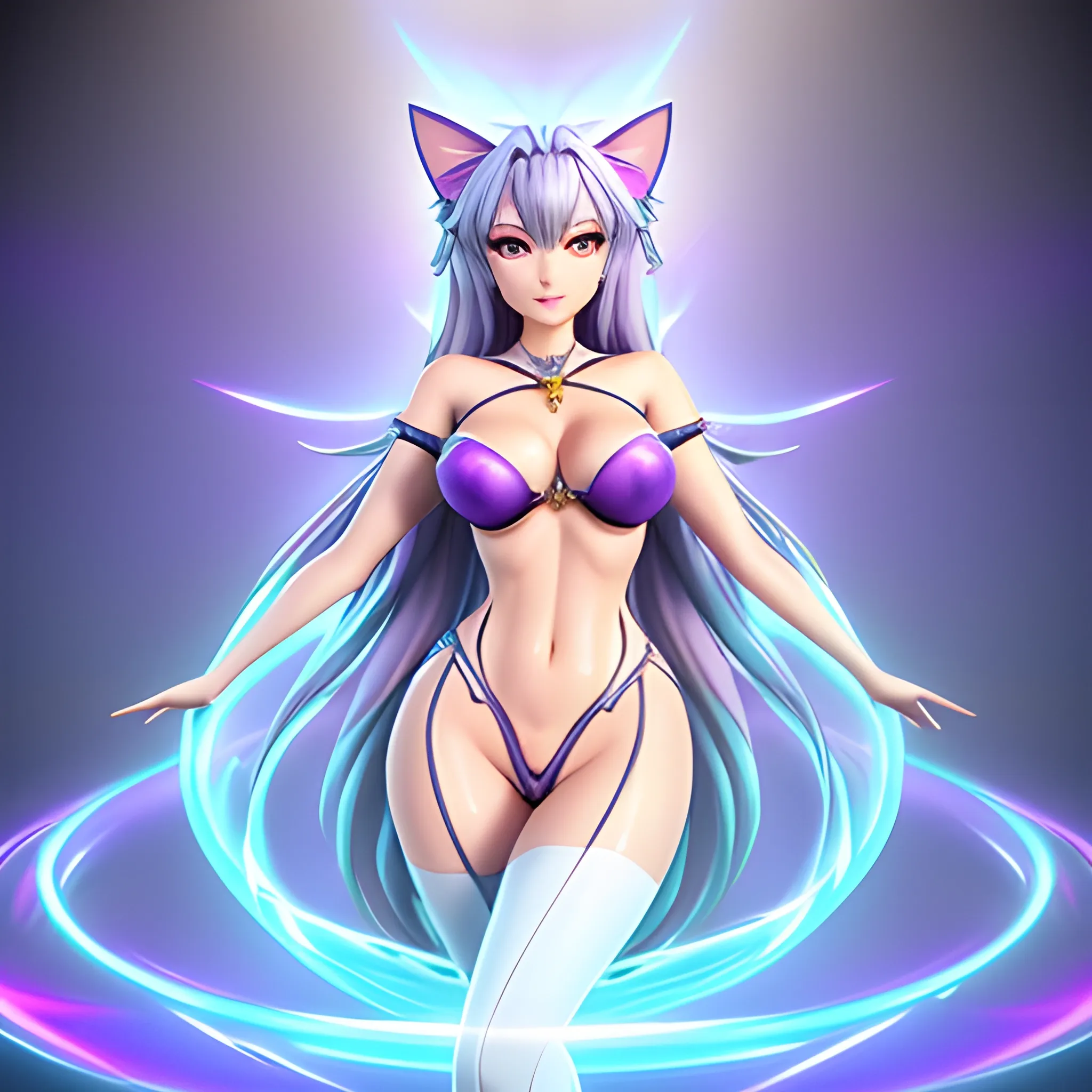 A hyper cute anime cat girl in 3D rendering style surrounded by magical aura with intense light. Her irresistible beauty captivates everyone who looks at her. Her beautiful clothes reveal parts of her body. Her clothes are rendered in great detail with the power of Unreal Engine 5. ((Her magical, mystical, divine and enveloping aura of her captivates everyone in an unforgettable hyper-real scene)) love at first sight. full body with a multicolored aura and dreamy composition with soft lighting