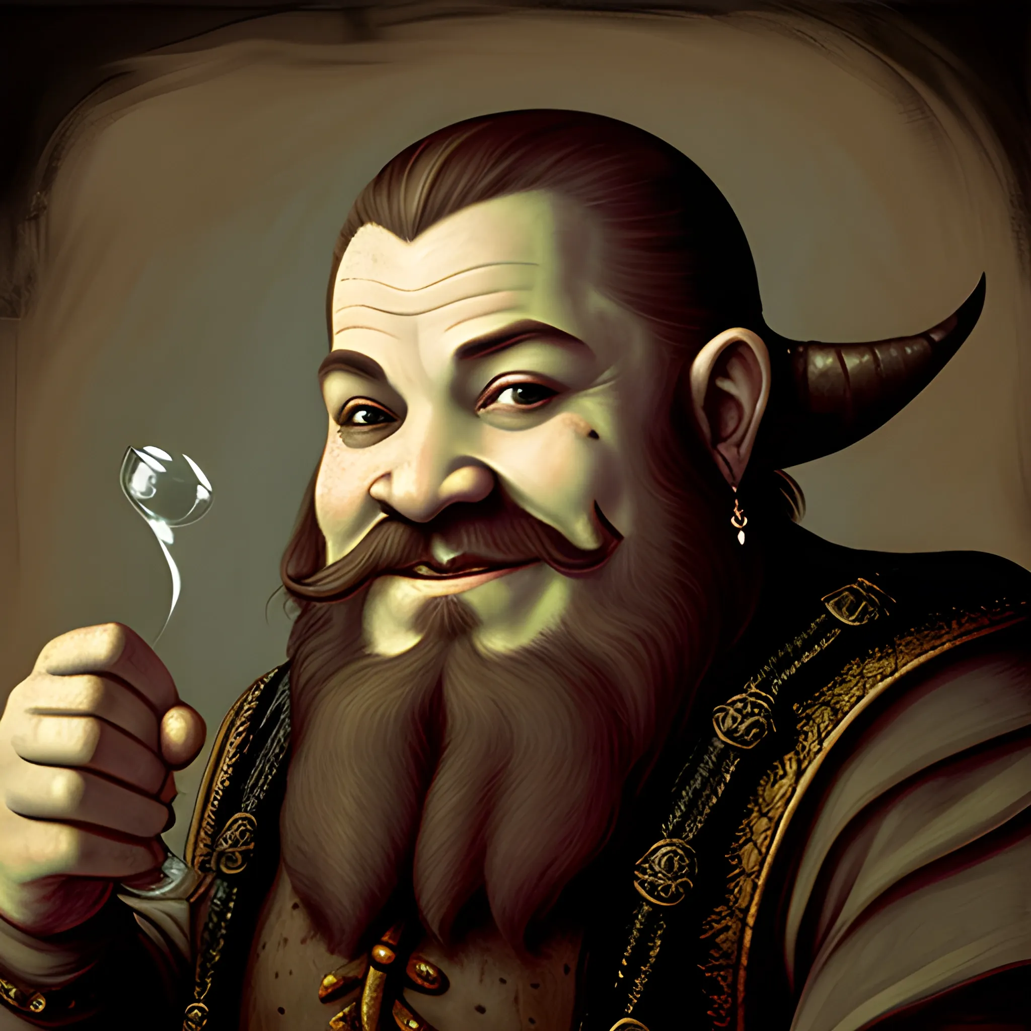 Renaissance portrait of a drunk smiling dwarven pirate, dnd, in a dark room, painterly, textured, medieval, fantasy, In the style of Caravaggio, fish features, scared