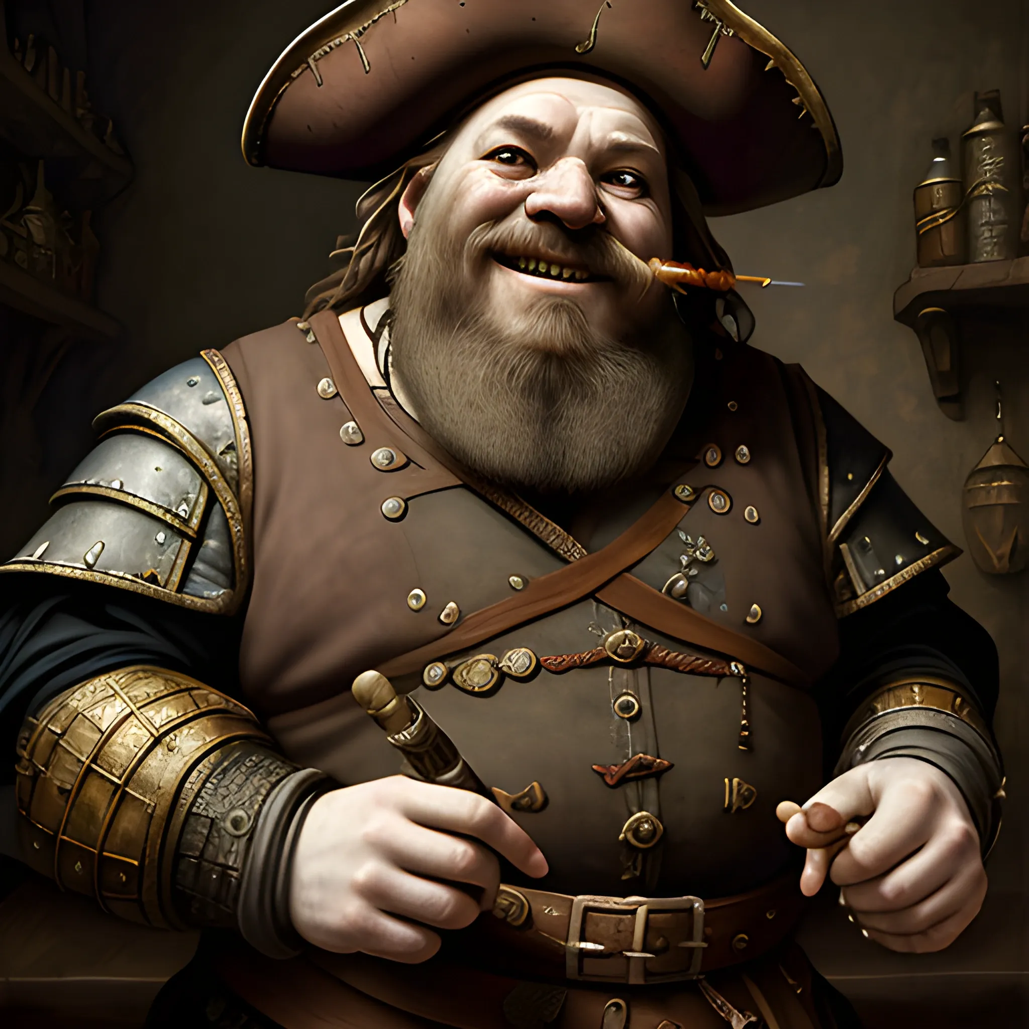 Renaissance portrait of a drunk smiling old armored dwarven pirate, dnd, smoking a pipe, in a dark room, painterly, textured, medieval, fantasy, In the style of Caravaggio, fish features, scared