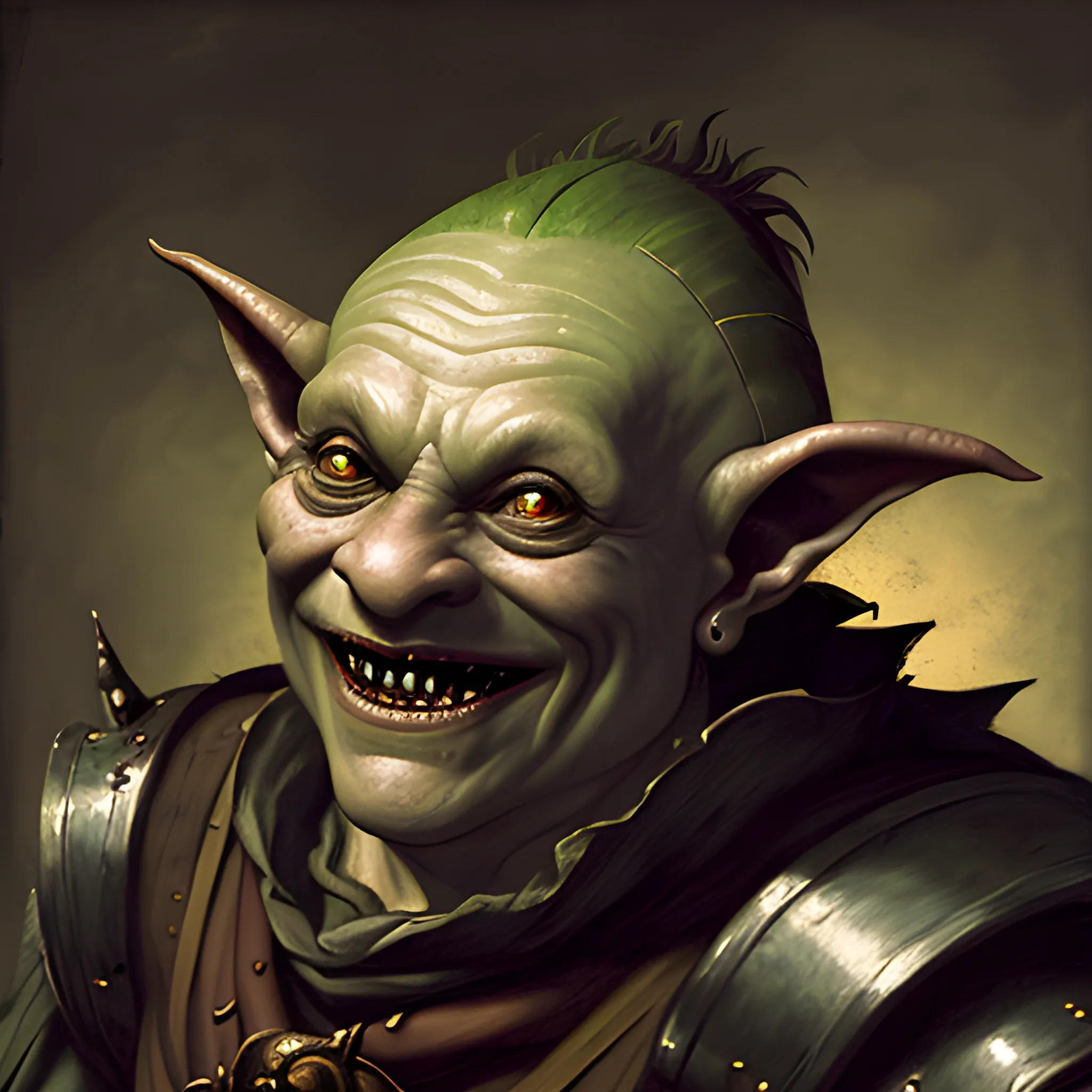 Renaissance portrait of a smiling old armored goblin pirate, dnd, in a dark room, painterly, textured, medieval, fantasy, In the style of Caravaggio, fish features, scared