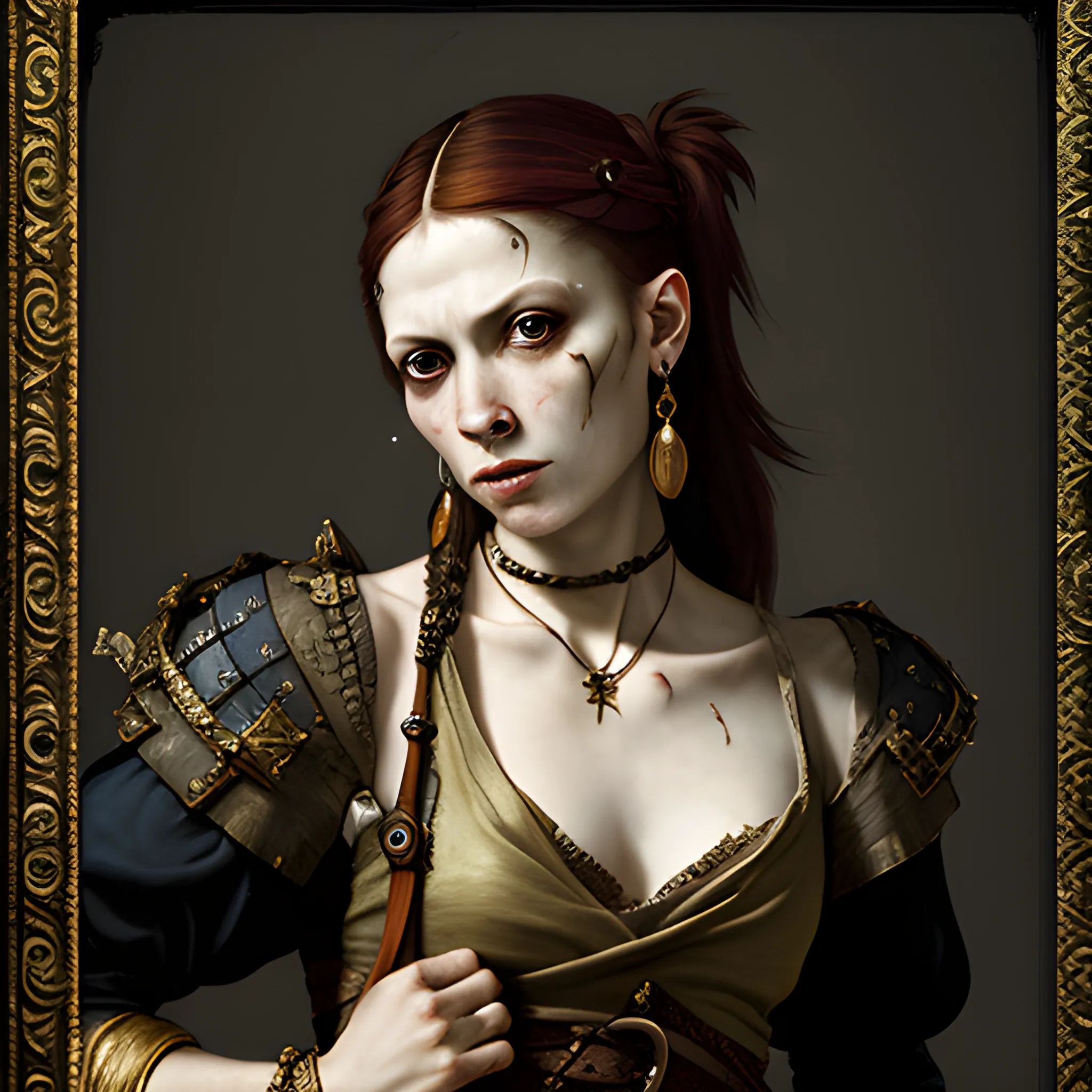 Renaissance portrait of a battle scarred mischievous pirate woman, dnd, gold jewelry, in a dark room, painterly, textured, medieval, fantasy, In the style of Caravaggio, fish features, scared