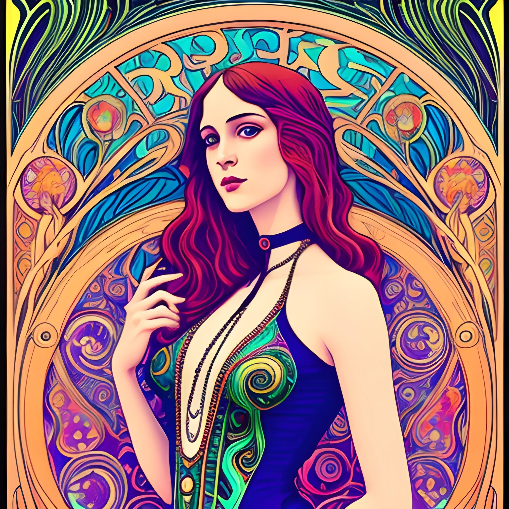 Art Nouveau painting, true aesthetics, stylish fashion shot of a beautiful woman posing in front of a psychedelic art nouveau style. Highly detailed, highest quality

