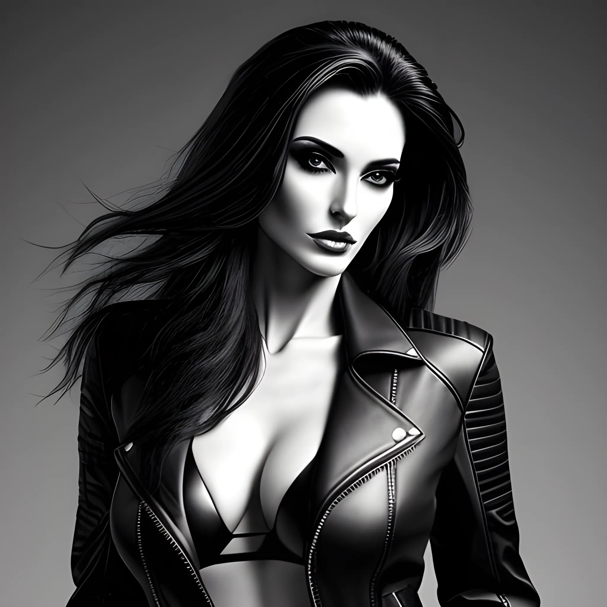 Black and white portrait of beautiful girl with long messy hair and stunning open black leather jacket, stunning, erotic, no background, highest quality
