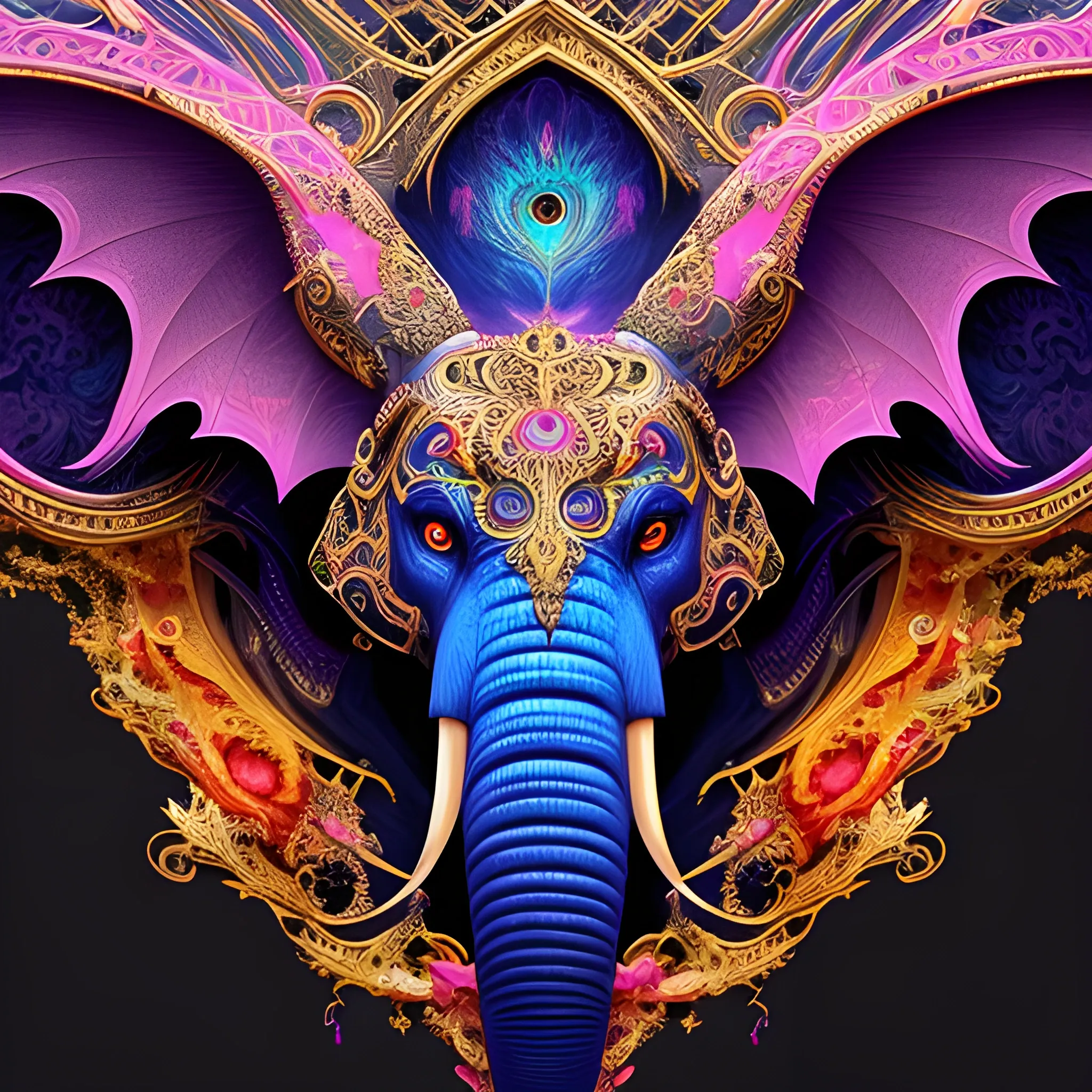 t-shirt design, the colorful elefant head is on a black background, in the style of 8k resolution, colorful gradients, tim shumate, massurrealism, charming characters, black background, fire psychedelic, cute eyes, dragon wings, bear claws, peacock feathers, filigree laser fractal details, glistening shiny scales, intricate ornate hypermaximalist sharp focus, dramatic lighting, highly detailed and intricate, hyper maximalist, ornate, photographic style, luxury, elite, haunting matte painting, cinematic