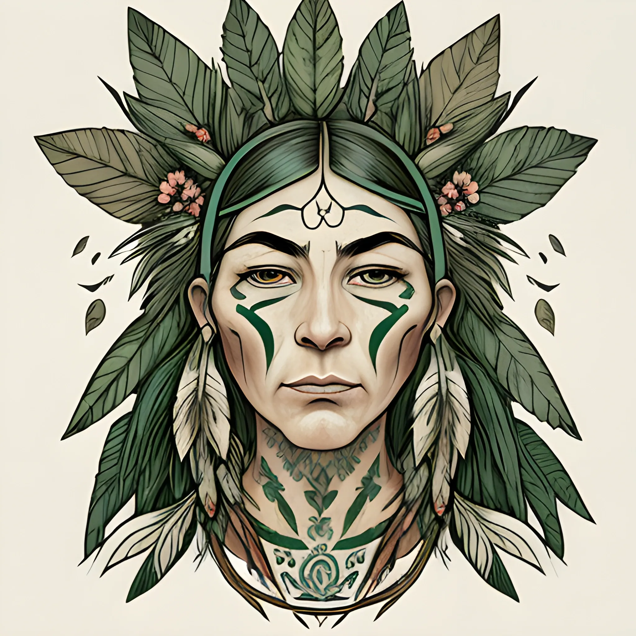 t-shirt design, a cartoon of a
woman with tree branches on
her face, in the style of cristina
mcallister, detailed flora and
fauna, idealized native
americans, atmospheric color
washes, lith printing, indigo and
green, tattoo, white backgroundA full psychedelic image of gratitude, soft and energizing, powerful and beautiful, touching the soul for its healing potential