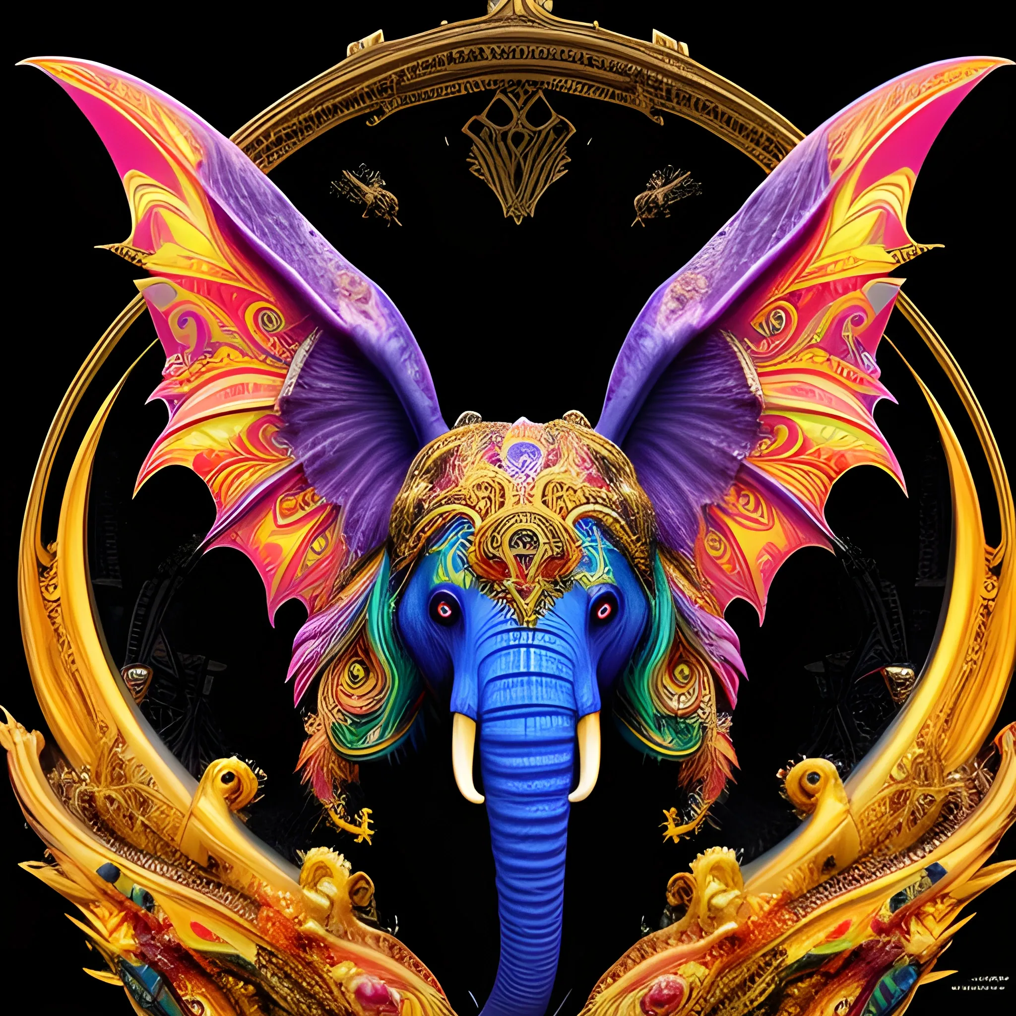 t-shirt design, the colorful elefant head is on a black background, in the style of 8k resolution, colorful gradients, tim shumate, massurrealism, charming characters, black background, fire psychedelic, cute eyes, dragon wings, bear claws, peacock feathers, filigree laser fractal details, glistening shiny scales, intricate ornate hypermaximalist sharp focus, dramatic lighting, highly detailed and intricate, hyper maximalist, ornate, photographic style, luxury, elite, haunting matte painting, cinematic