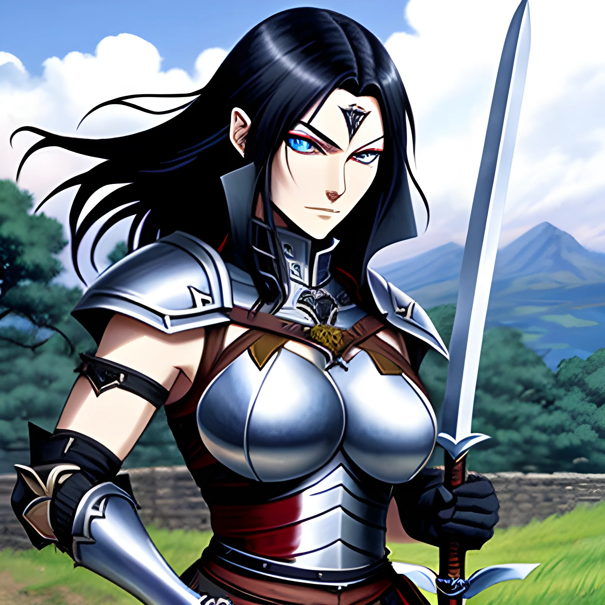 a medieval warrior anime girl with black hair, blue eyes and pale skin, wielding a giant sword