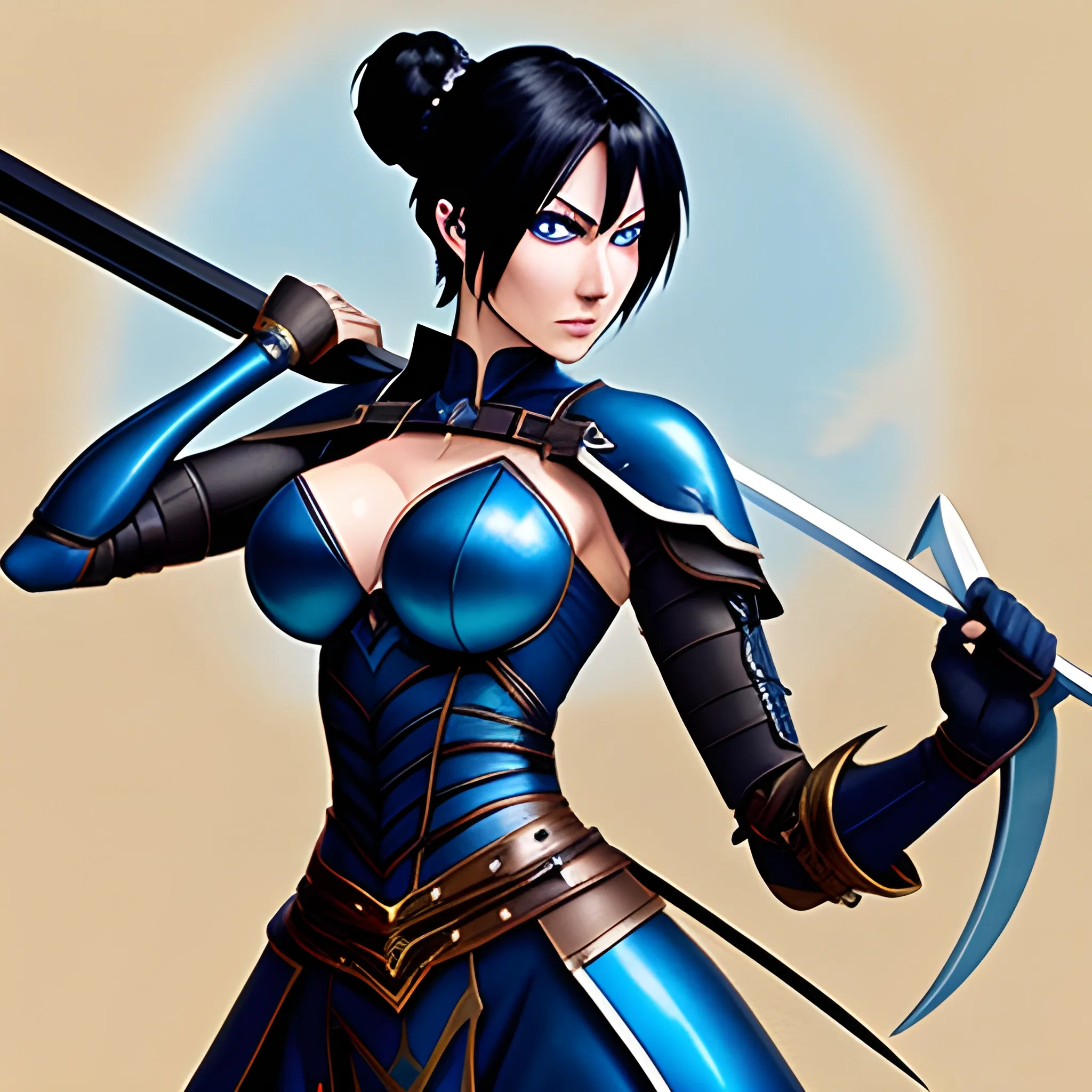 a medieval warrior anime girl with short black hair in a bun, blue eyes and pale skin, wielding a two-handed claymore