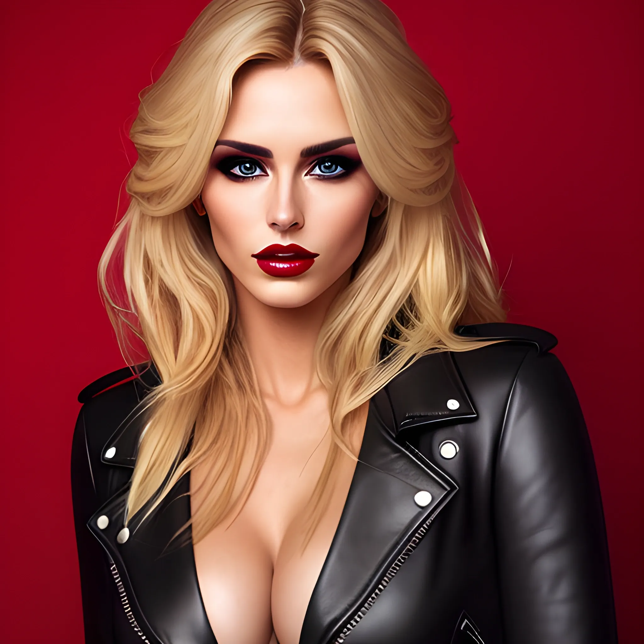 portrait of beautiful girl with long blonde messy hair and stunning open black leather jacket, about 20 years old, seductive look, red puffy lips, stunning, erotic, dark background, highest quality
