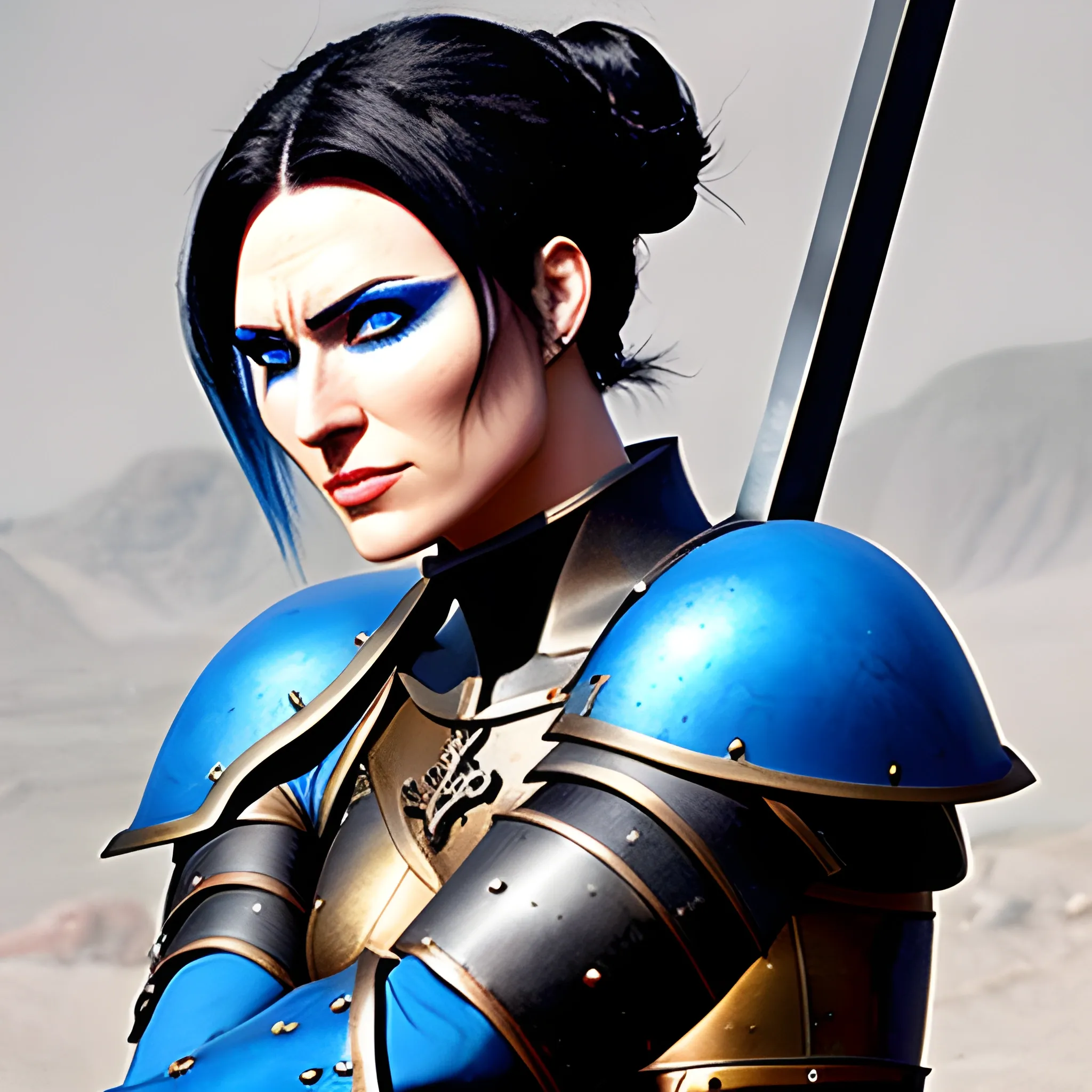a medieval warrior girl with short black hair in a bun, blue eyes and pale skin, wielding a two-handed claymore