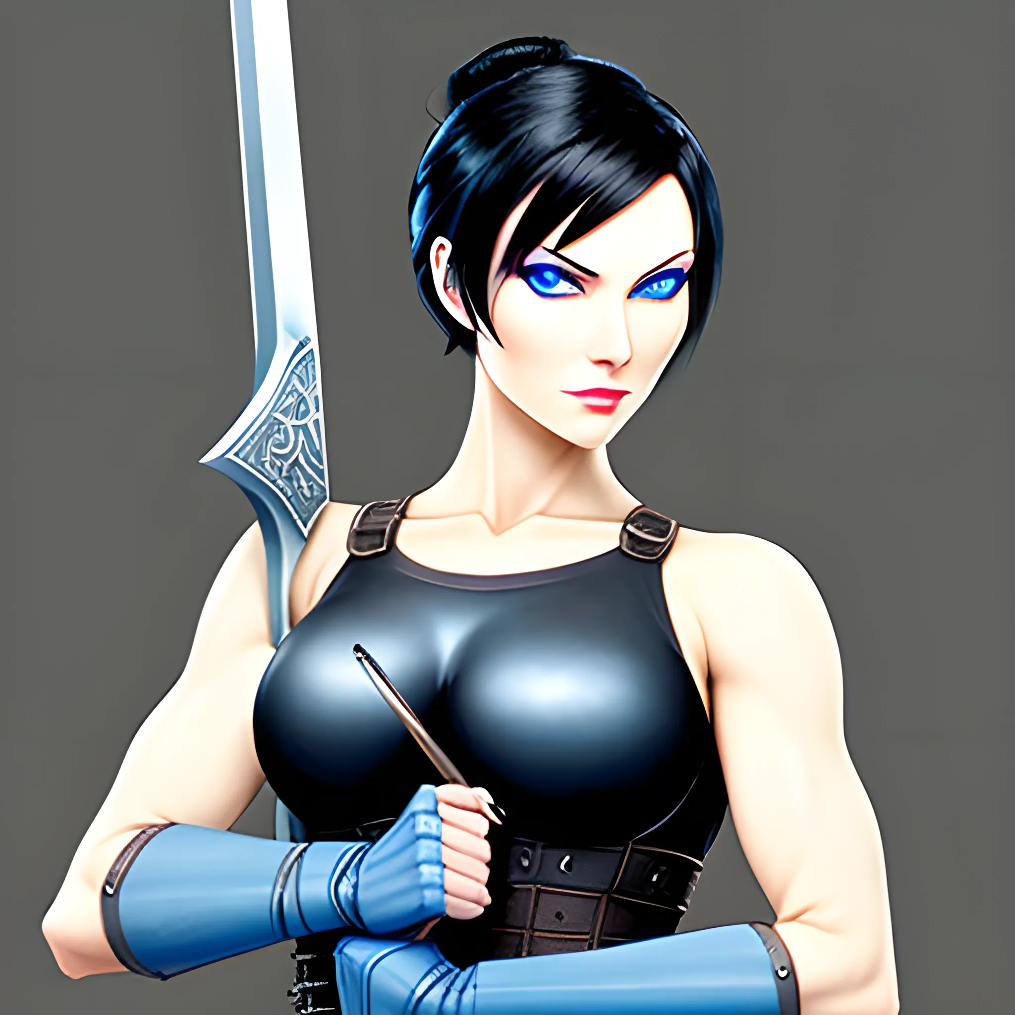 a young sexy medieval warrior girl with short black hair in a bun, blue eyes and pale skin, wielding a two-handed claymore