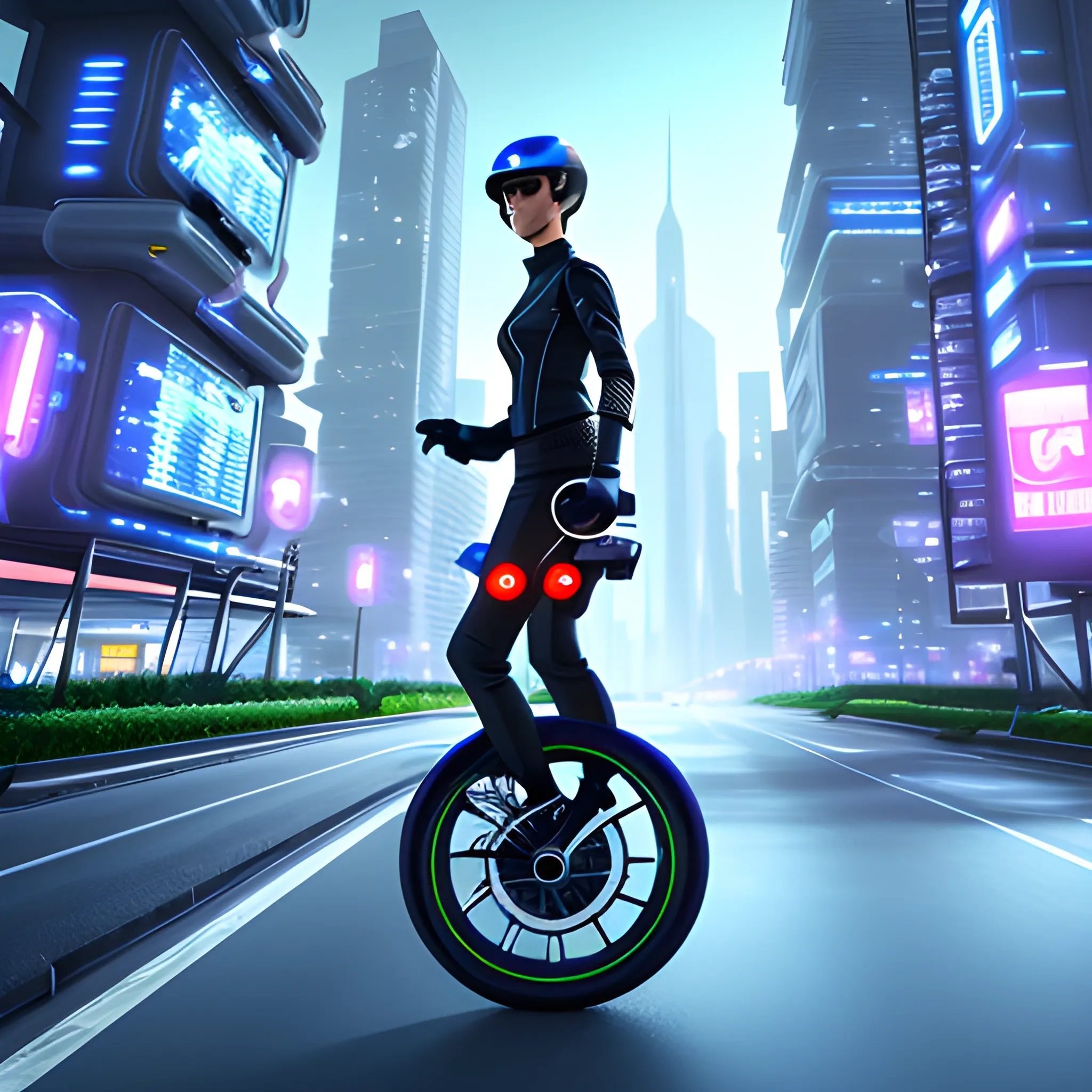 The background is futuristic city, electric unicycle , , 3D