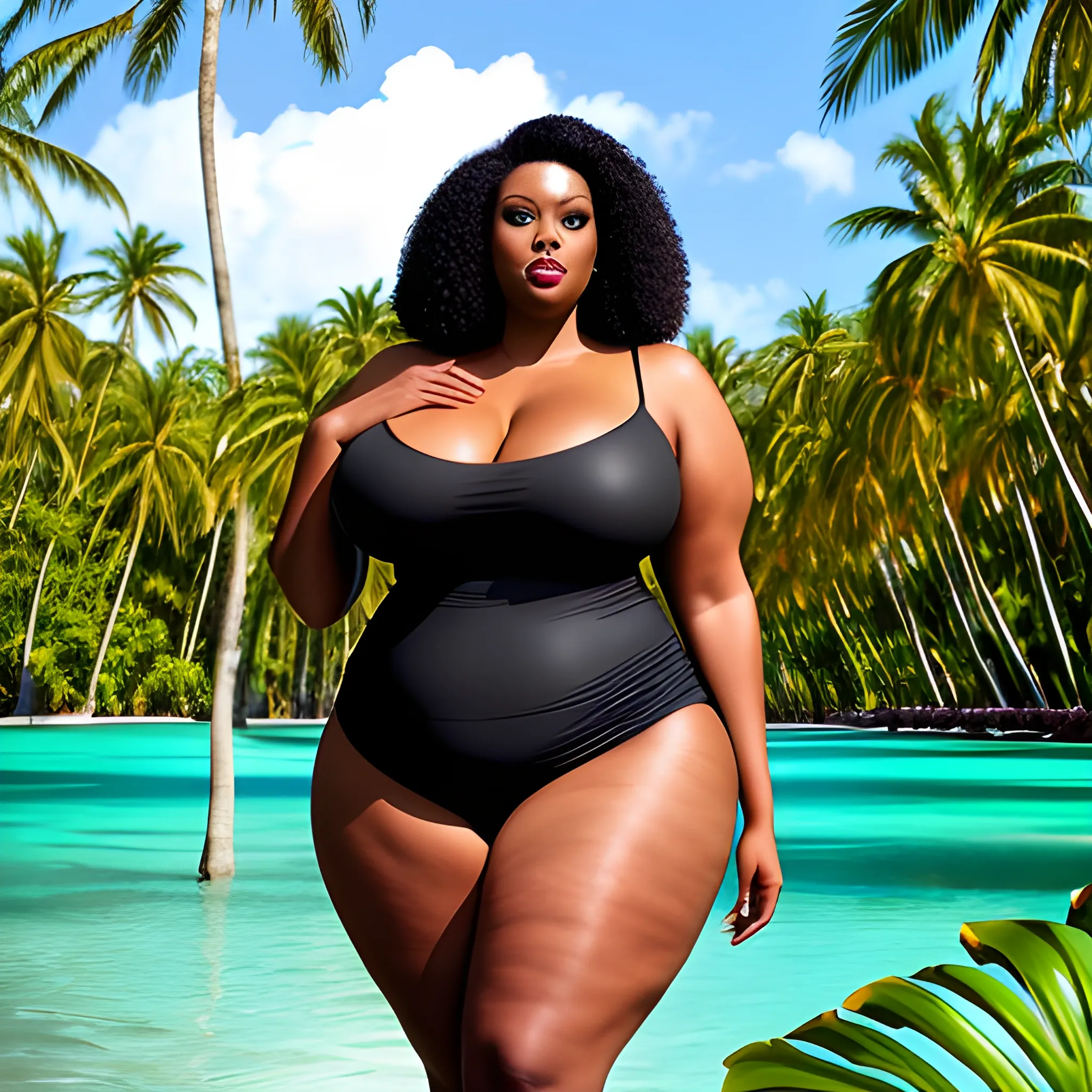 very tall black girl, with straight plus size body, small head,  