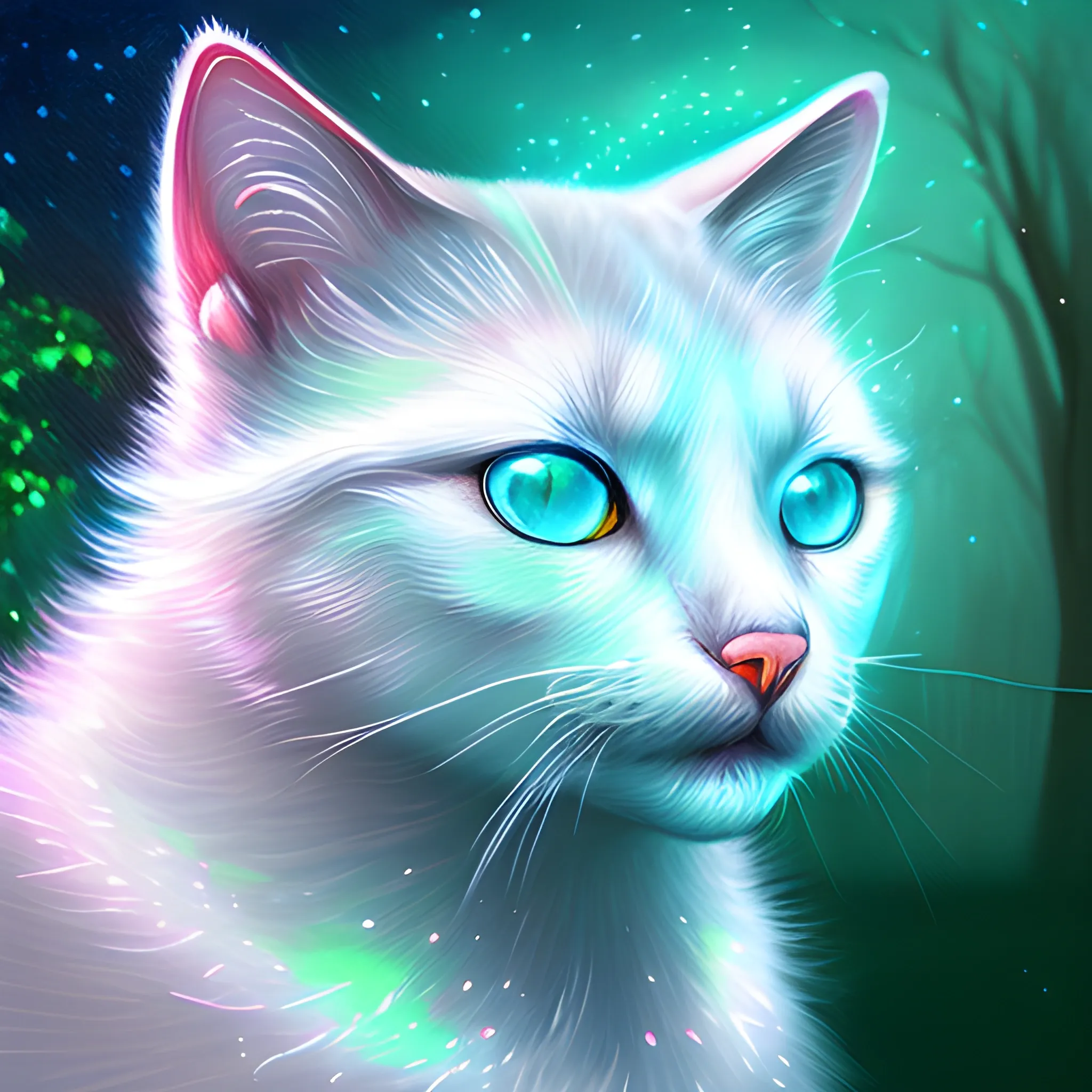 Painting of a glowing luminescent cat, dnd, outside at night, painterly, textured, extremely bright white radiant glowing fur, fantasy, digital painting, high detail