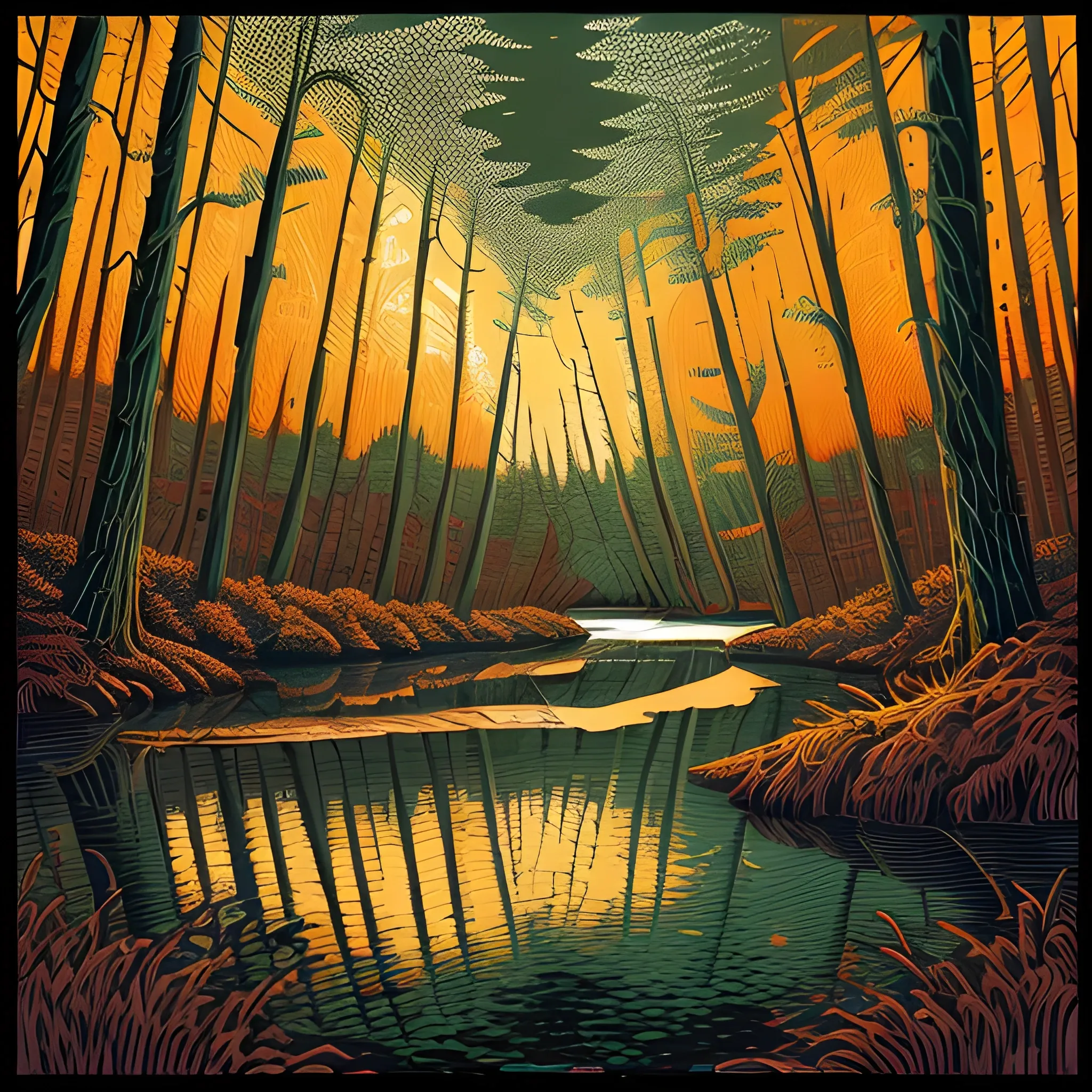 a painting of a river in the woods, by Jeffrey Smith, by Neil Welliver, by Dan Mumford, beautiful high contrast woodcut, dan mumford paint, by Josef Navrátil, painting by dan mumford, dan mumford. concept art, in the style dan mumford artwork, inspired by Neil Welliver, stanley donwood