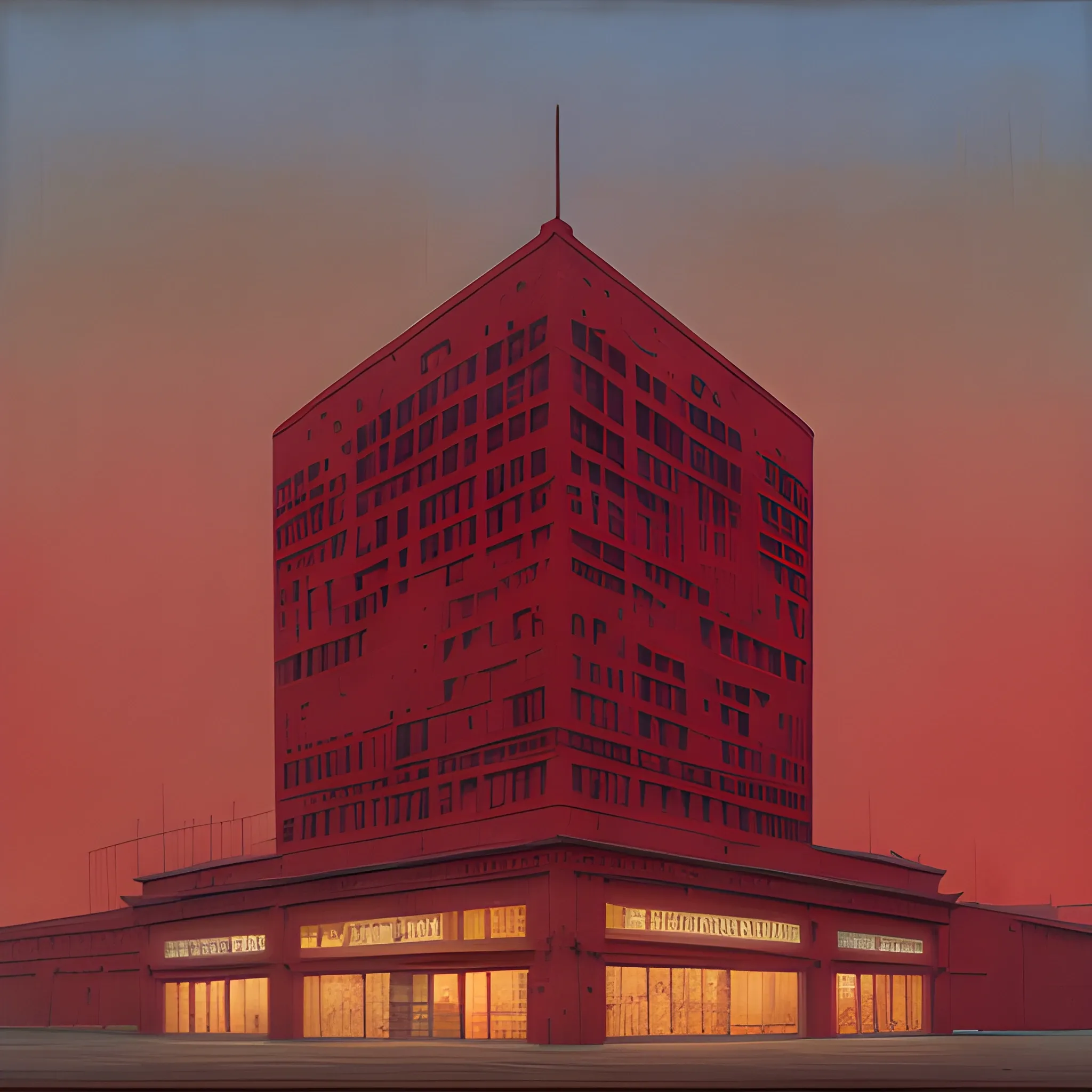 American Furniture Mart building, red flesh, red sky, zdzislaw beksinski