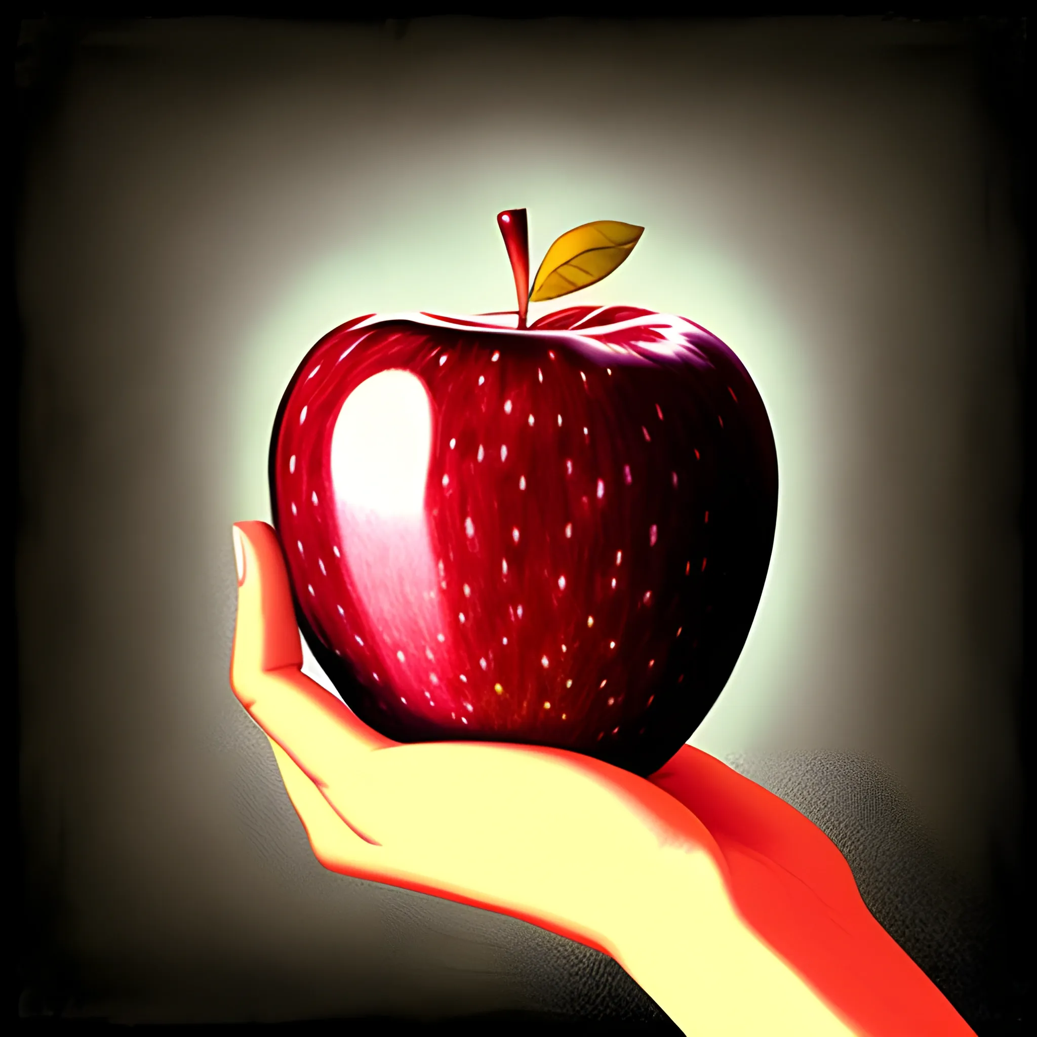 a hand holding an apple in surreal style, like a vintage drawing
