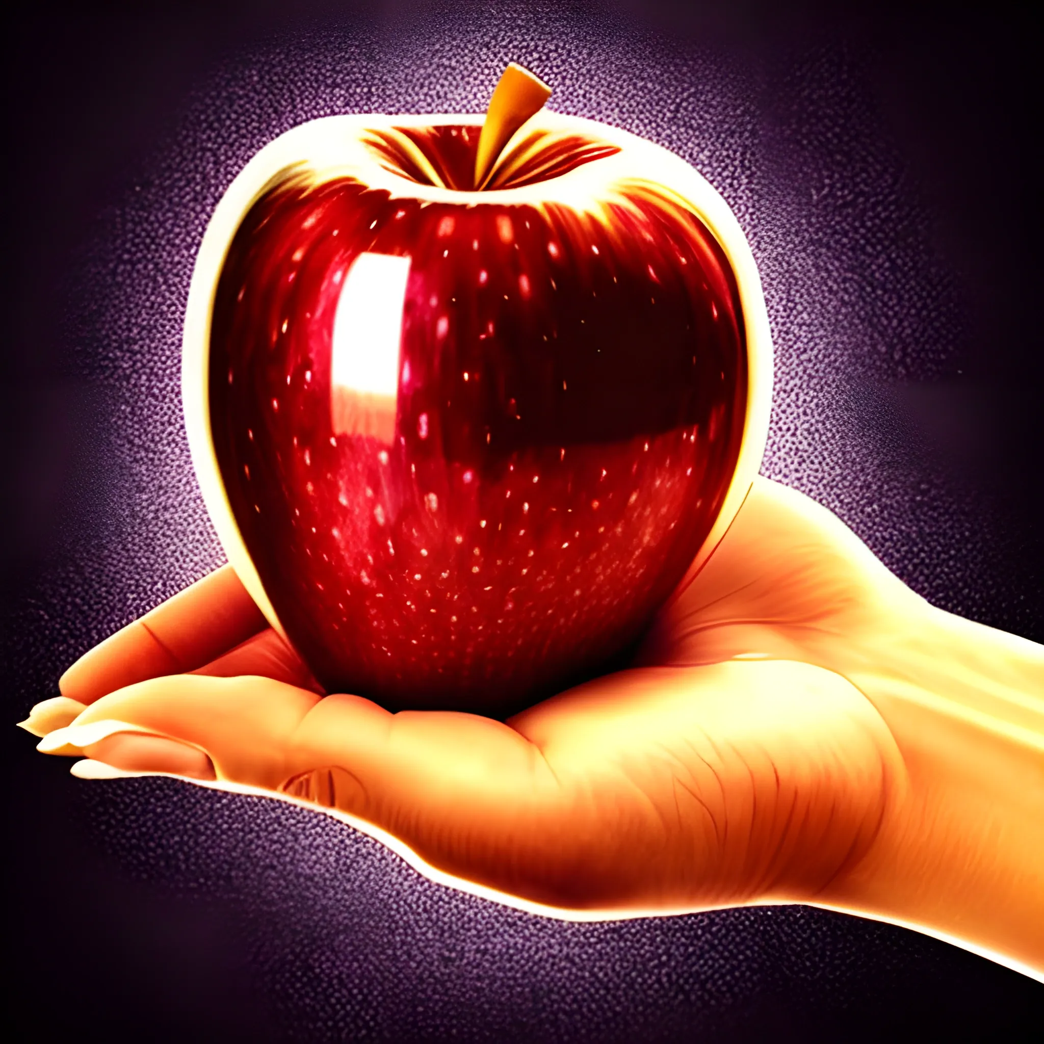a hand holding an apple in surreal style
