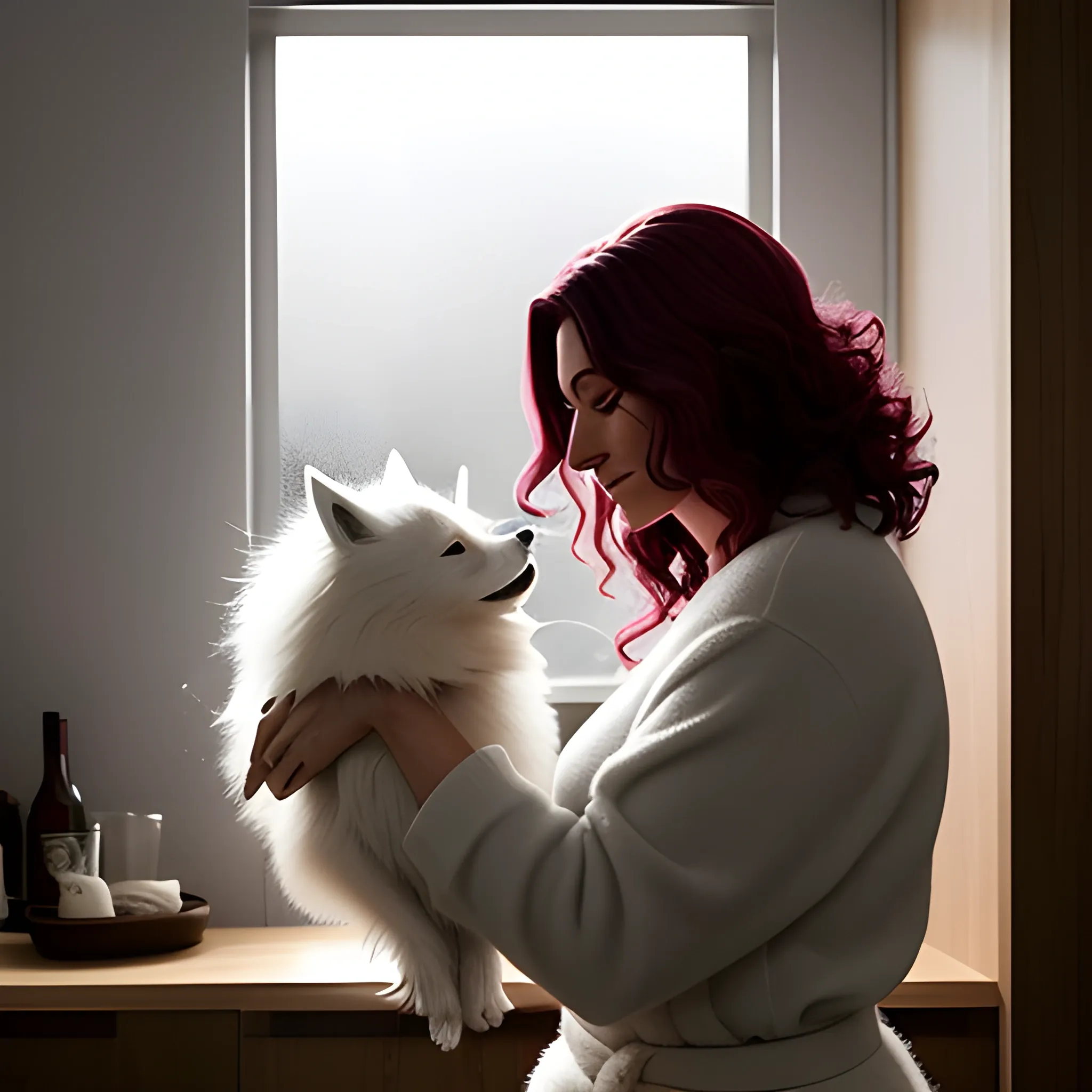 una imagen de una niña hermosa con un largo cabello rizado y grandes mejillas sonrosadas, sentada en una habitación lujosa rodeada de muñecas y jugando con un perrito Samoyedo. En el fondo, se puede ver una ventana con un día nublado o lluvioso