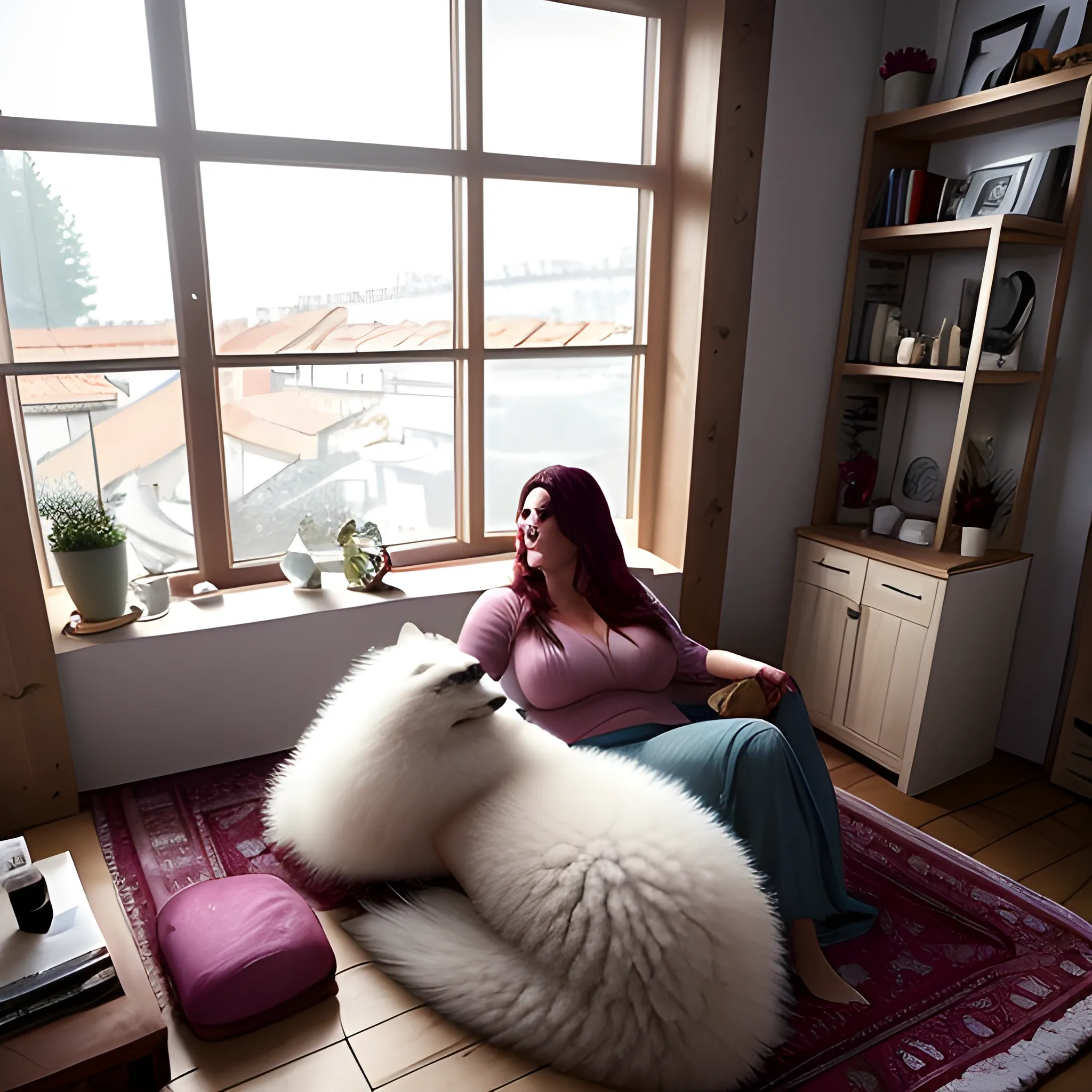 una imagen de una niña hermosa con un largo cabello rizado y grandes mejillas sonrosadas, sentada en una habitación lujosa rodeada de muñecas y jugando con un perrito Samoyedo. En el fondo, se puede ver una ventana con un día nublado o lluvioso