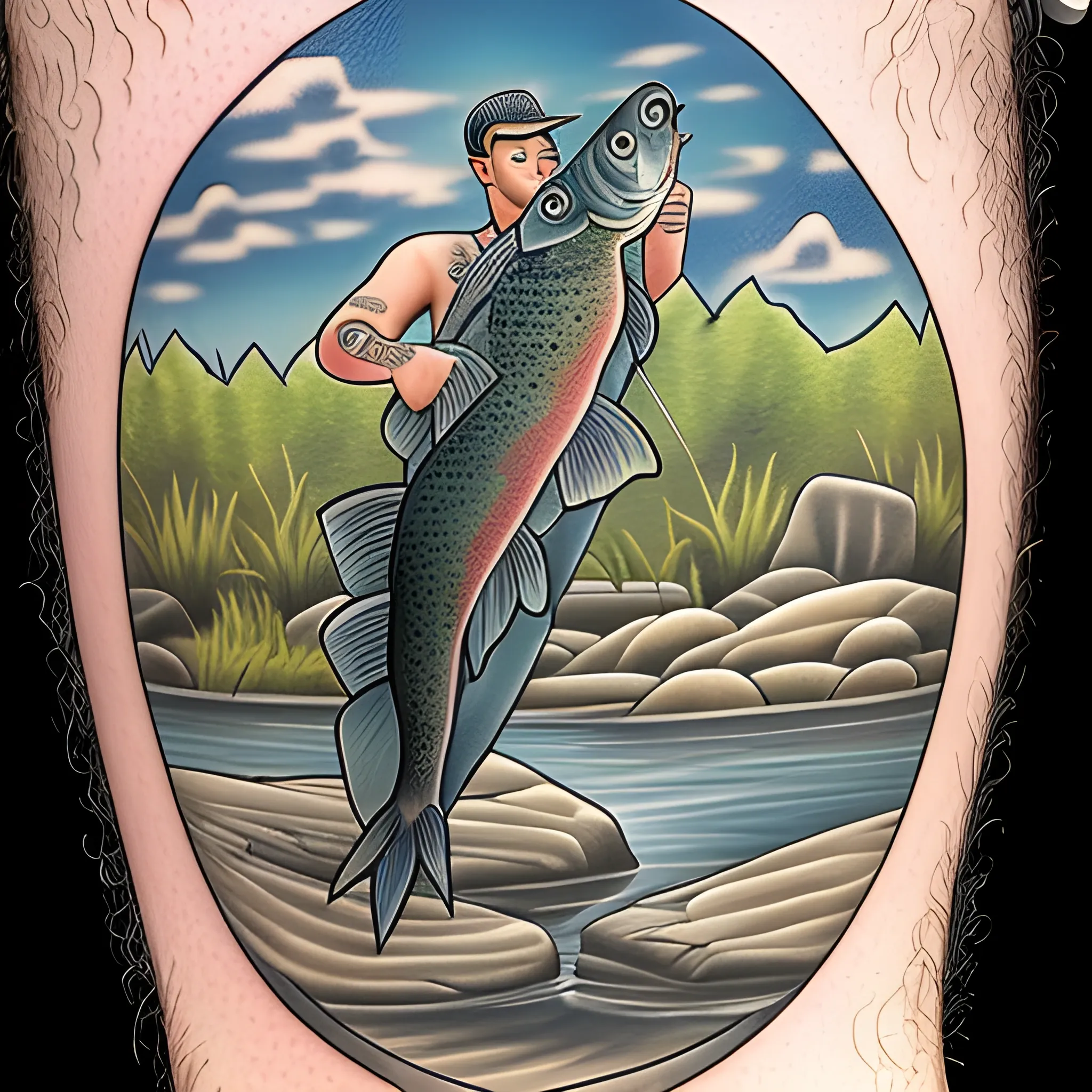 man fishing tattoo, fish, trout
, Cartoon