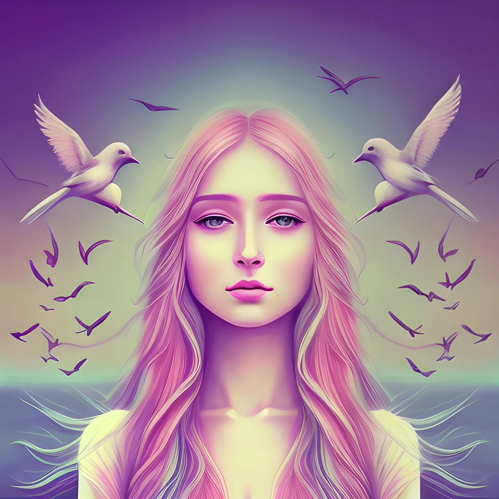 beautiful woman, peace, innocence, serenity, long hair, birds, surreal, pastel colors, high definition, stunning graphics, Pencil Sketch