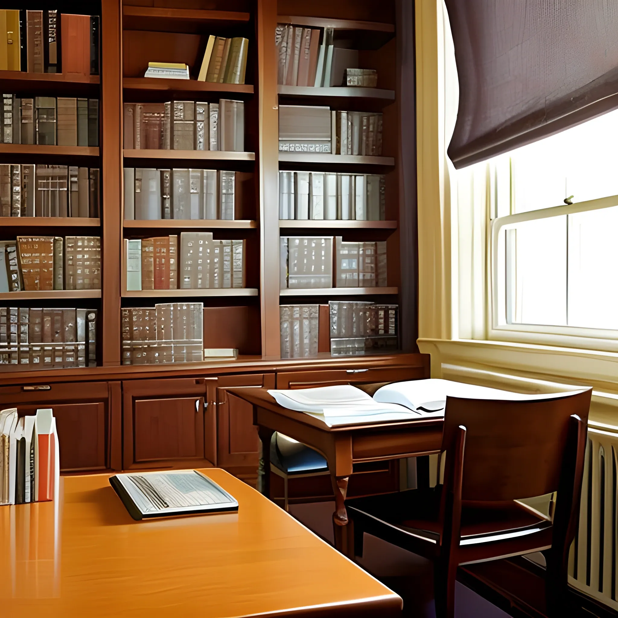 a study room with one book on the table. 