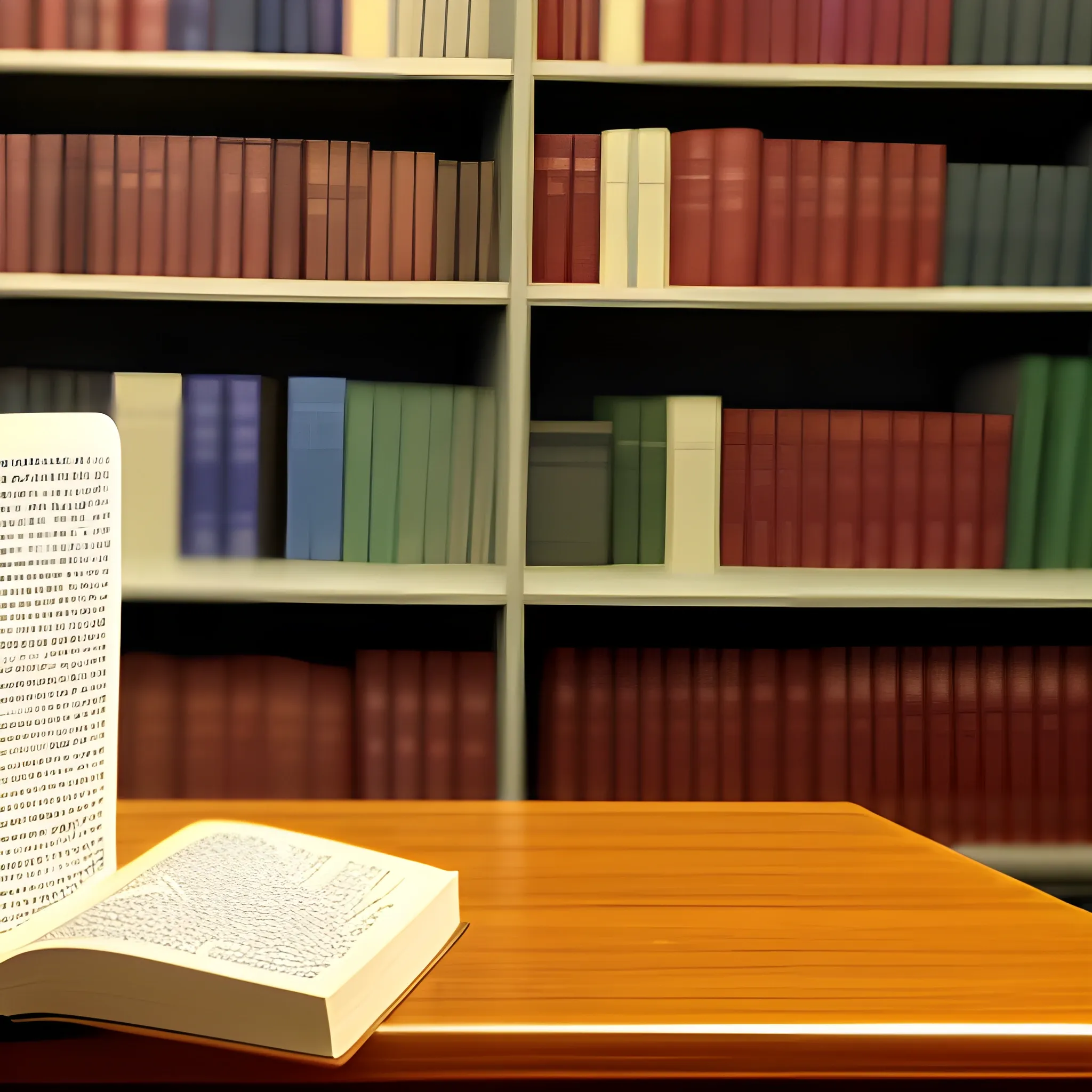 One unopened book on a table. The background is in a study room. 