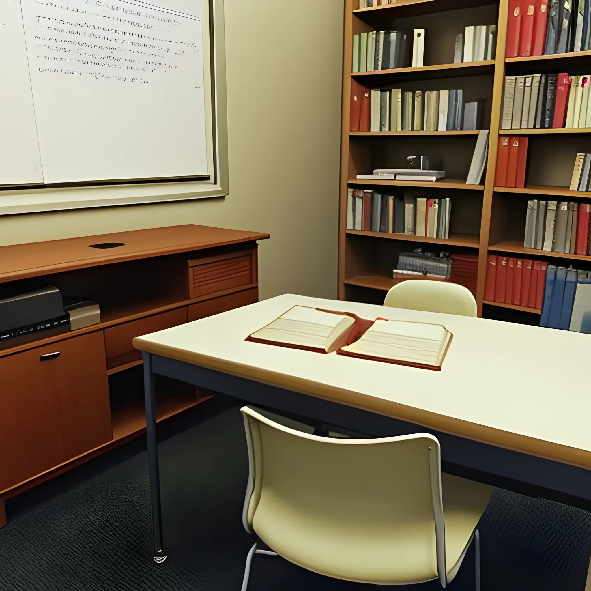 A picture of a study room. In the study room, there is a book on the desk. The book is not opened. 