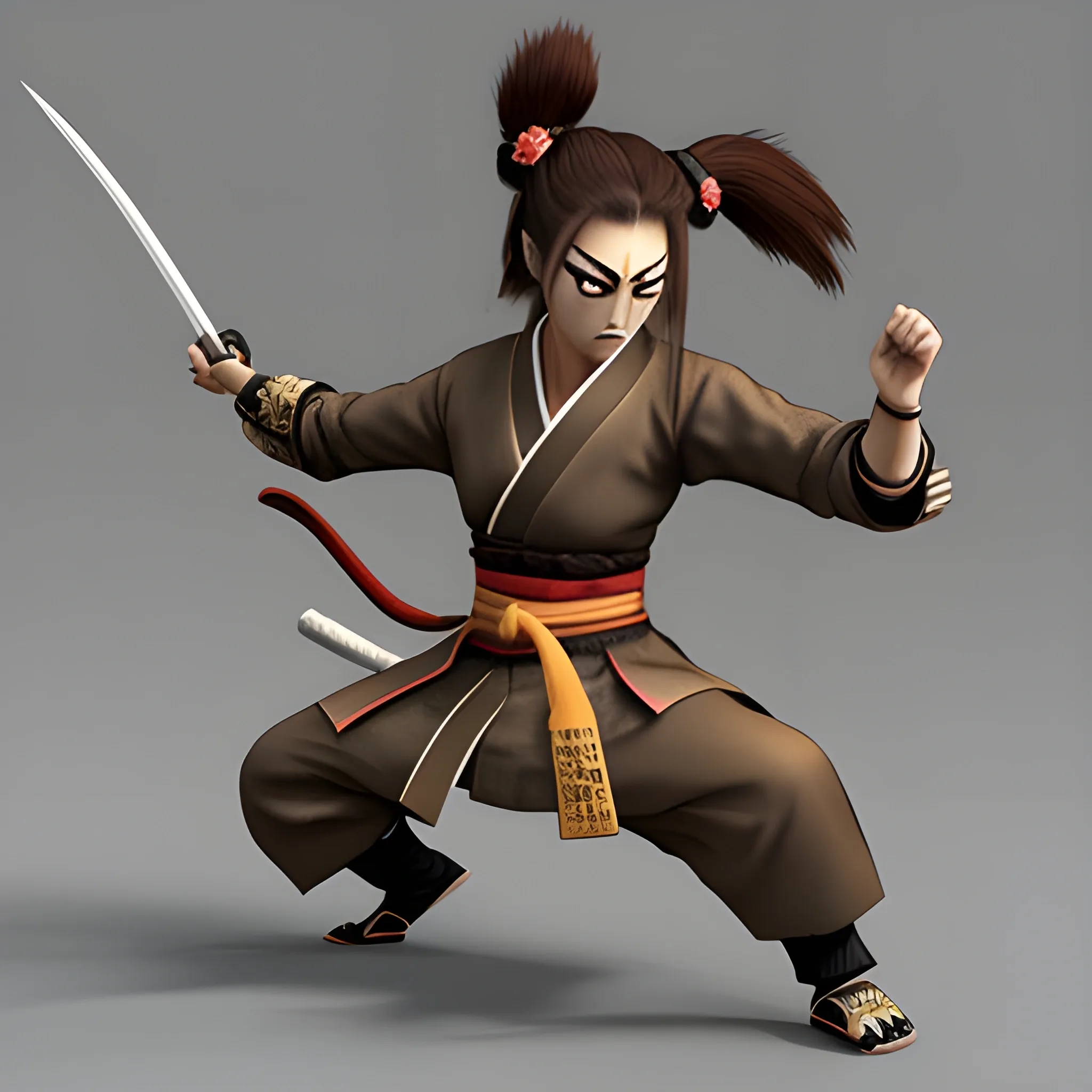 Female samurai koala with brown hair,  attack pose, mortal kombat style., 3D, 3D, Cartoon, Cartoon