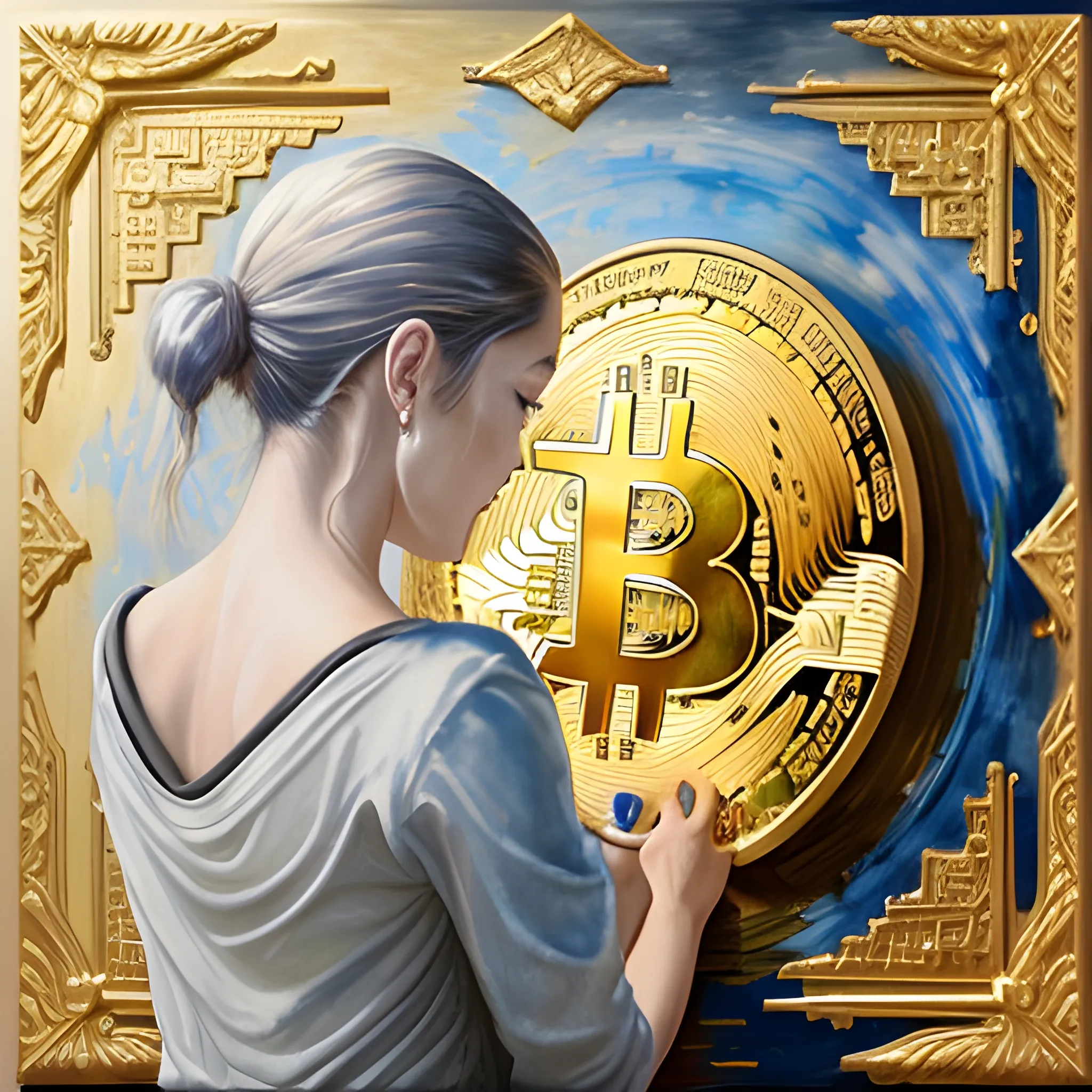 A captivating woman developing a gold painting on a silver colored canvas drawing the bitcoin symbol while the world behind her is destroyed and the landscape in front of her is a world in harmony, Water Color