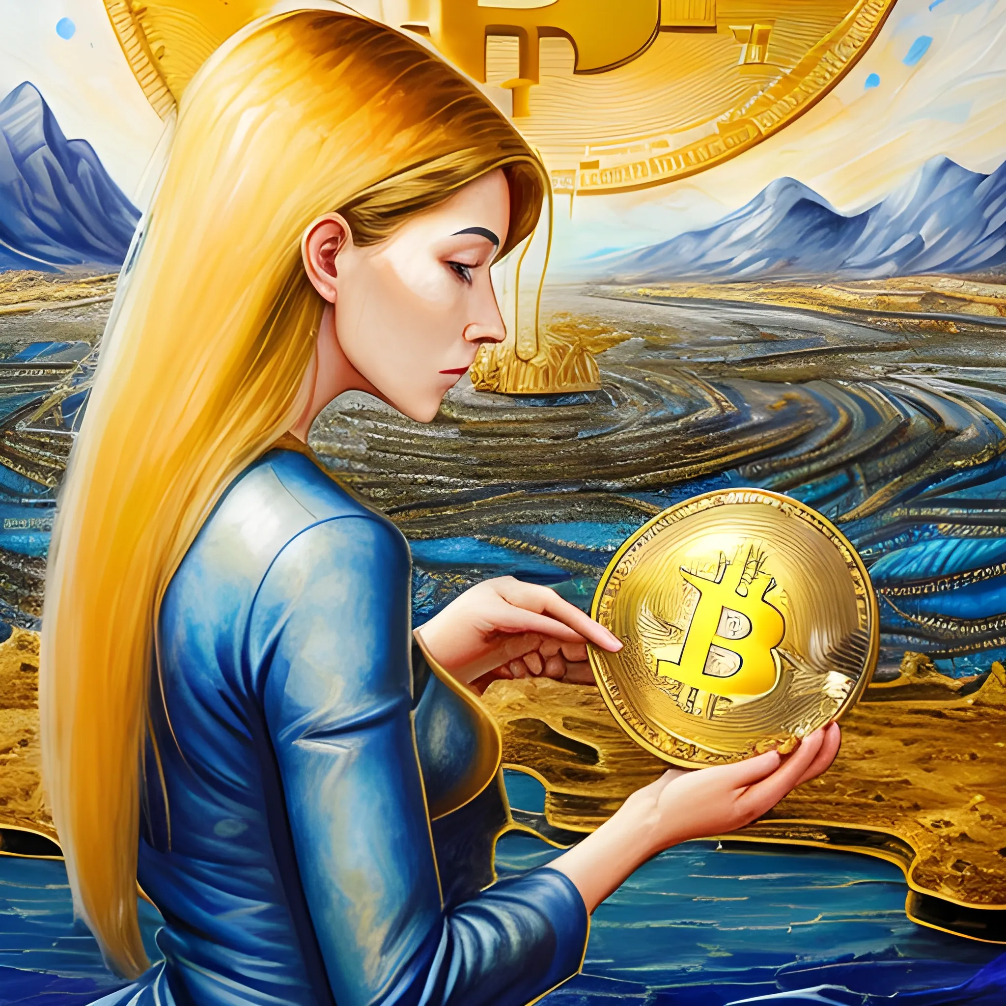 A captivating woman developing a gold painting on a silver colored canvas drawing the bitcoin symbol while the world behind her is destroyed and the landscape in front of her is a world in harmony, Water Color