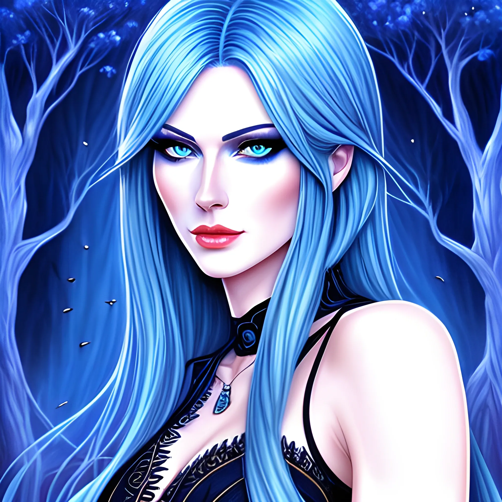Beautiful girl with blue eyes, high detail, blue scene, hauntingly beautiful illustration, 