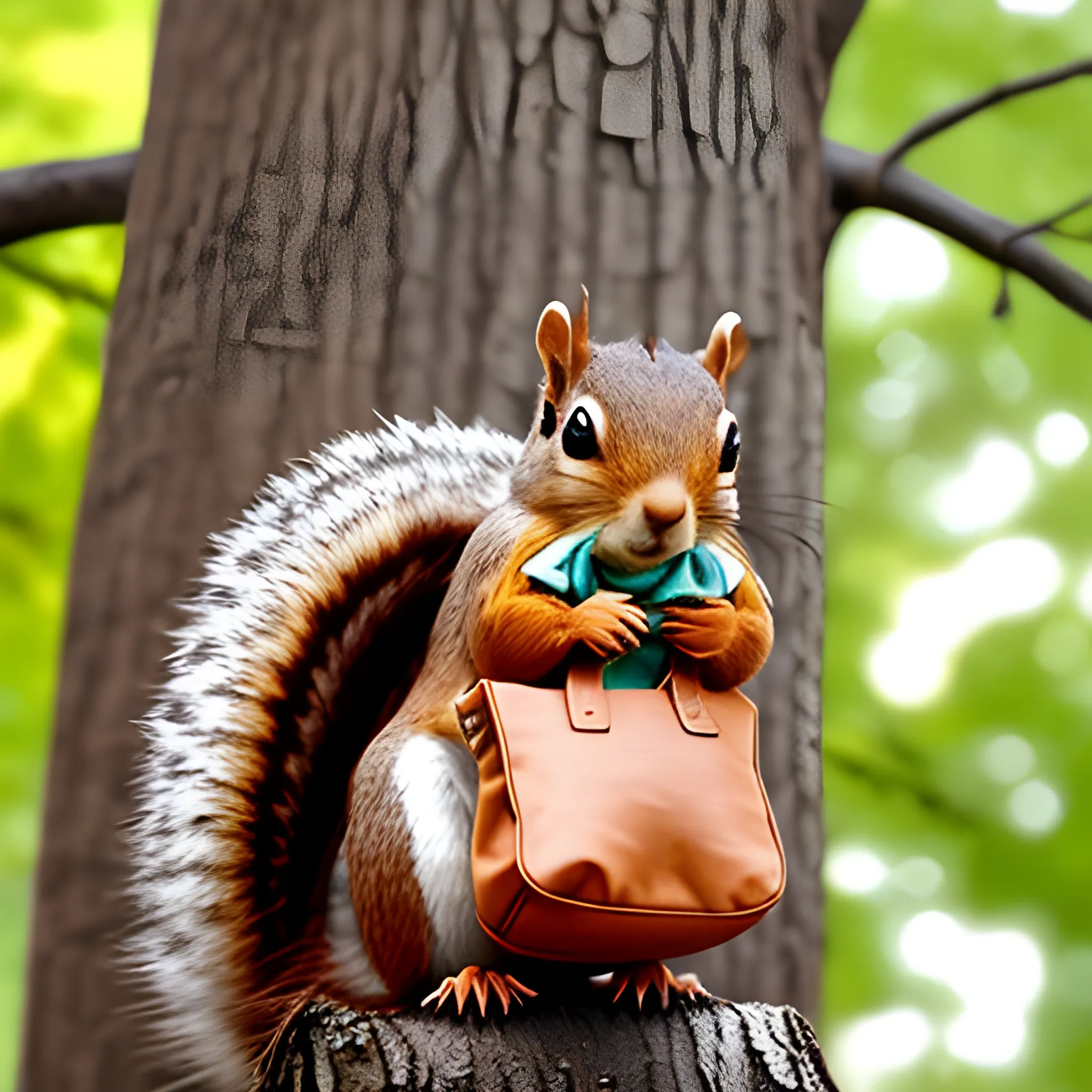 A cute squirrel standing on a tree branch and carrying a bag on his back, with some luggage