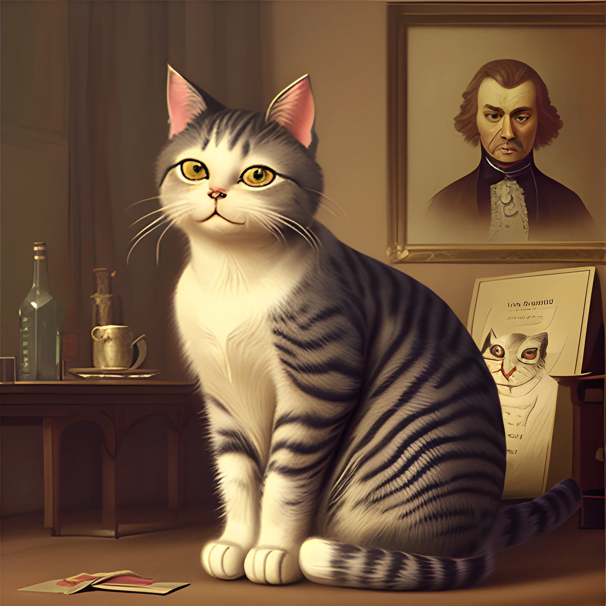 , Cartoon, 3D, full body, cinematic, artwork by borovikovsky, Facial portrait of a gorgeous cat