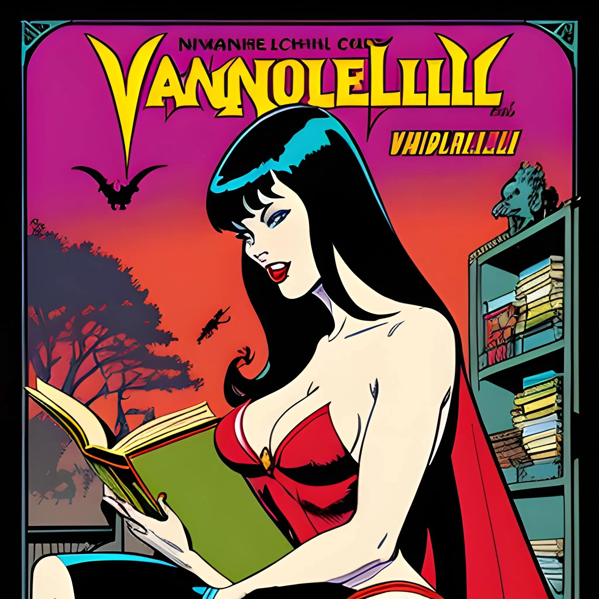 vampirella comic book, retro ephemera style, playful colours, bold colours, woman reading a book,