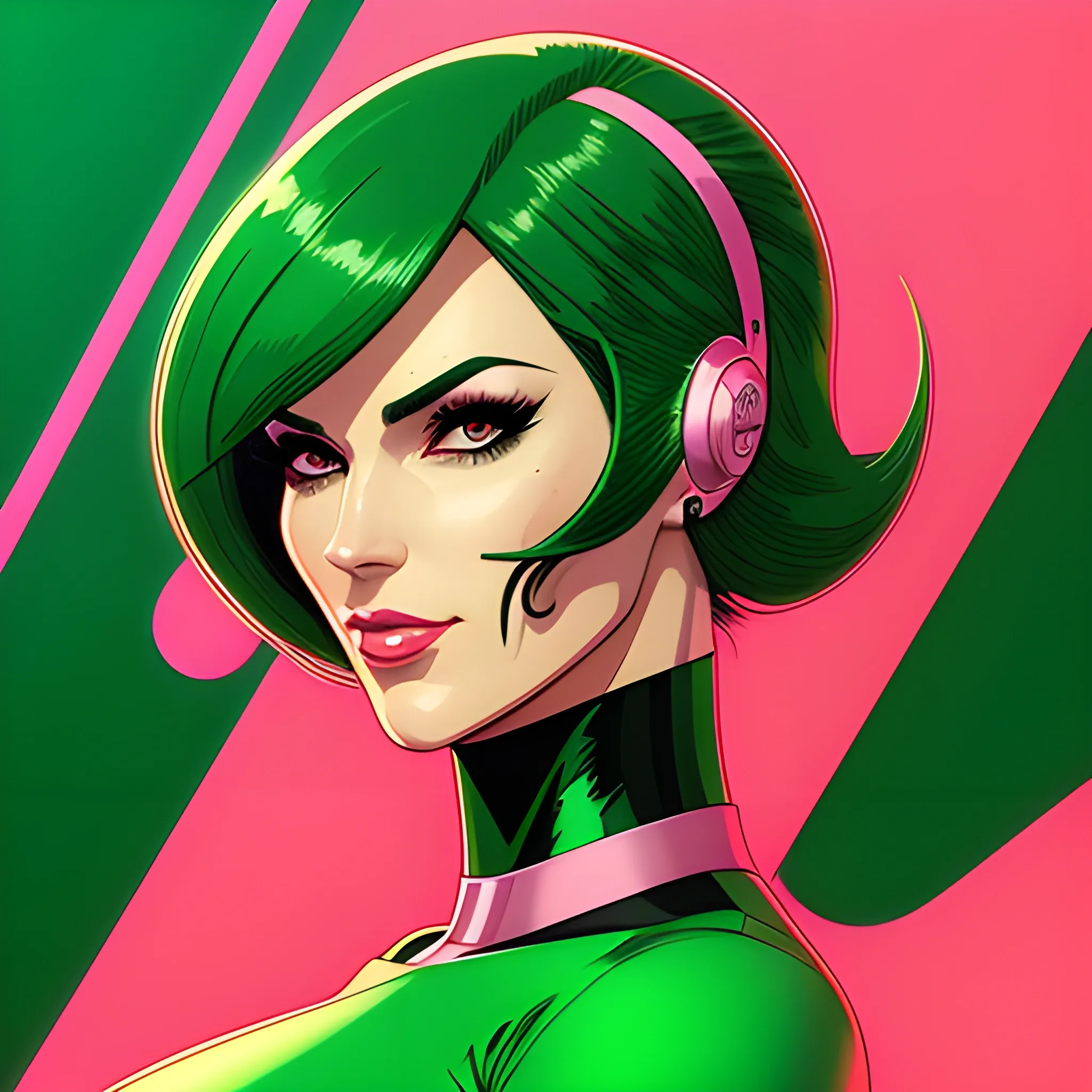 a woman in a green and pink outfit, as a retro futuristic heroine, cyberpunk beautiful girl, moebius + artgerm, artstyle : ilya kuvshinov, style of ilya kuvshinov, ( ilya kuvshinov ), 