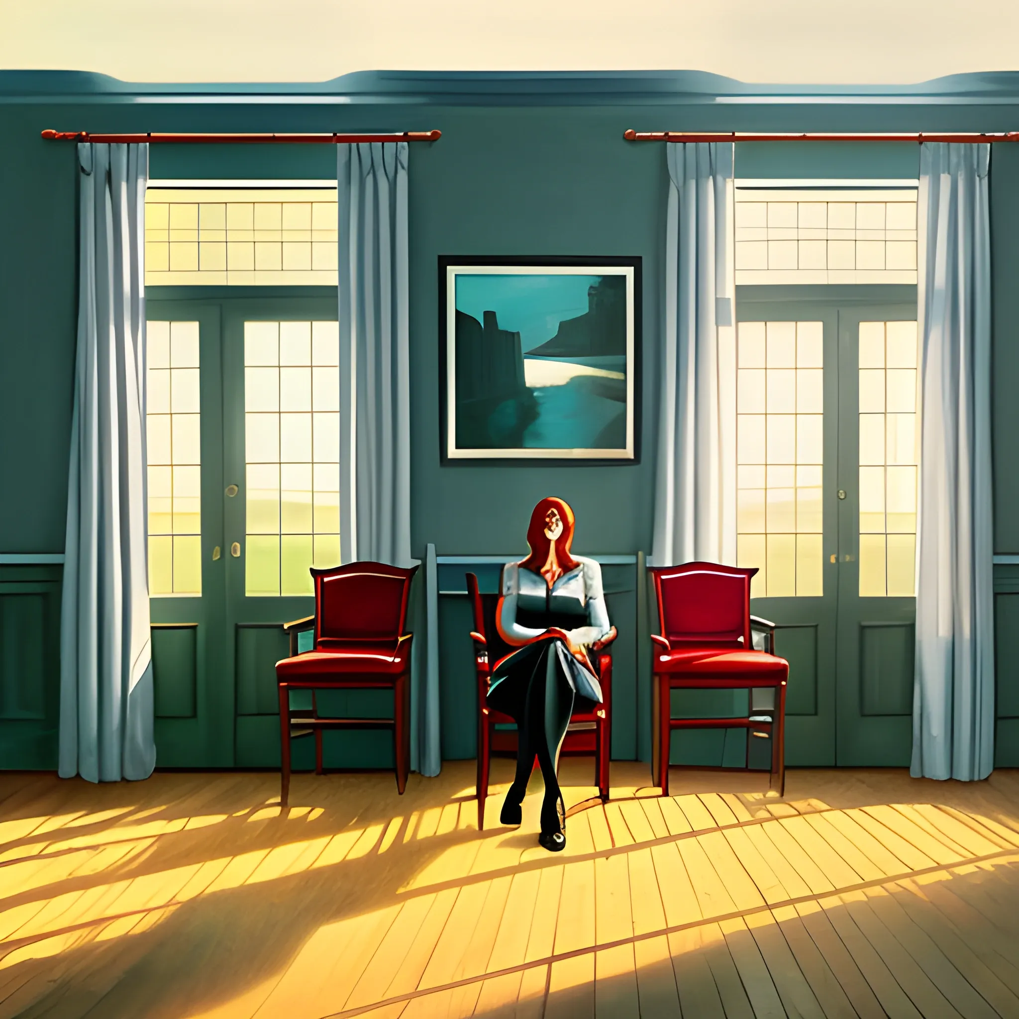 happy girl waiting inside a room, american gothic, vibrant colors americana, cinematic, volumetric lighting, ultra wide angle view, realistic, detailed painting in the style of edward hopper and rene magritte, a man siting in a chair sad,