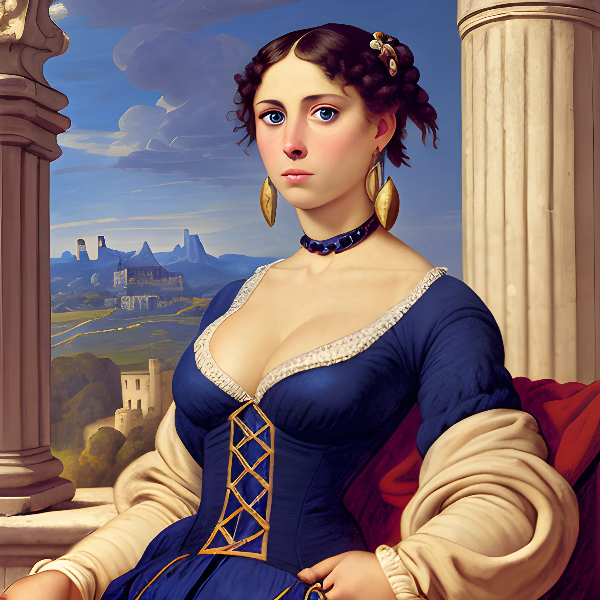 woman sad, castle, by Eugène Delacroix, 1830, blue eyes, bodysuit, breasts, earrings, jewelry, looking_at_viewer, medium_breasts