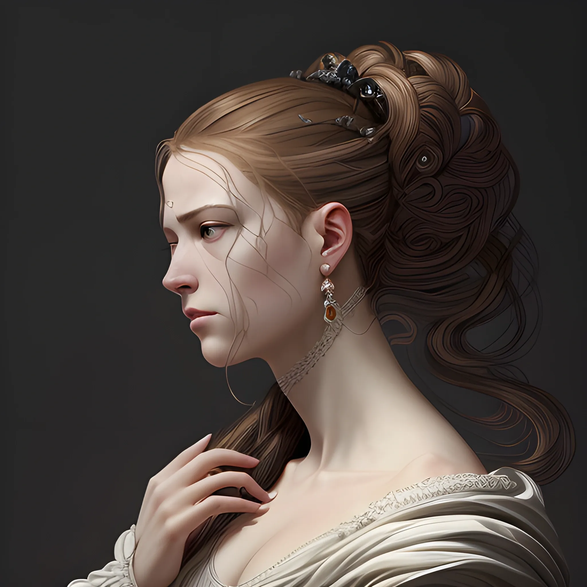 A detailed and intricate digital art piece in a cinematic style, this ultra high resolution portrait of a powerful woman playing with her hair. The beautiful lighting and playful design make it a trend-setter on ArtStation. Caravaggio