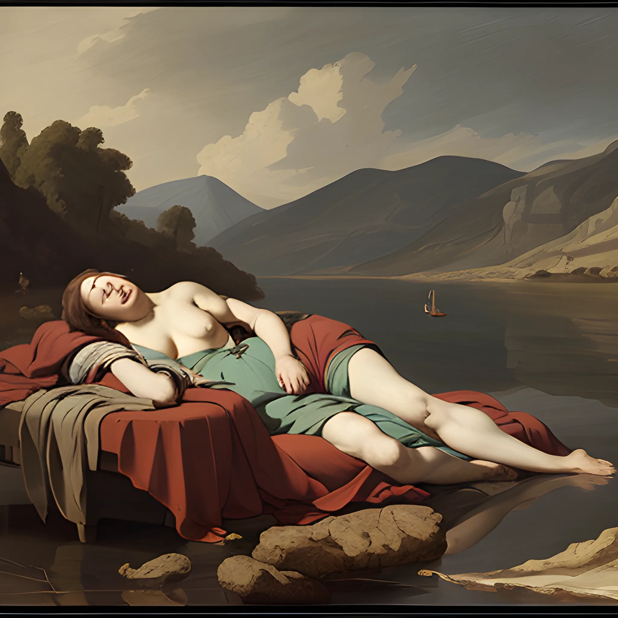 Theodore Gericault, woman sleeping in front of a lake, extremely detailed, 4K, 