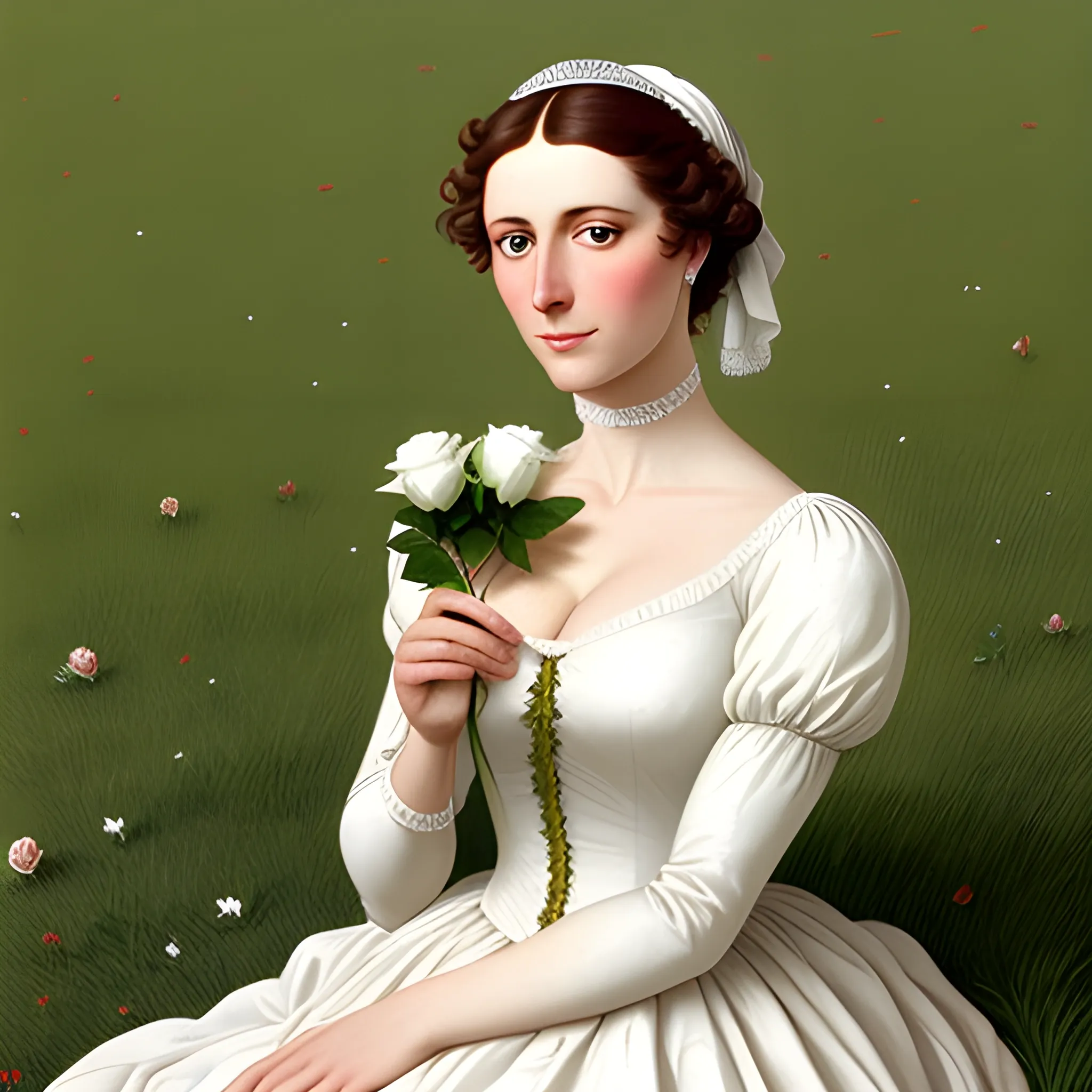 Jacques-Louis David style, a beautiful young girl, holding a rose, sitting in a green grass, happy atmosphere, extremely detailed, white dress, beautiful face, romantic settings, 