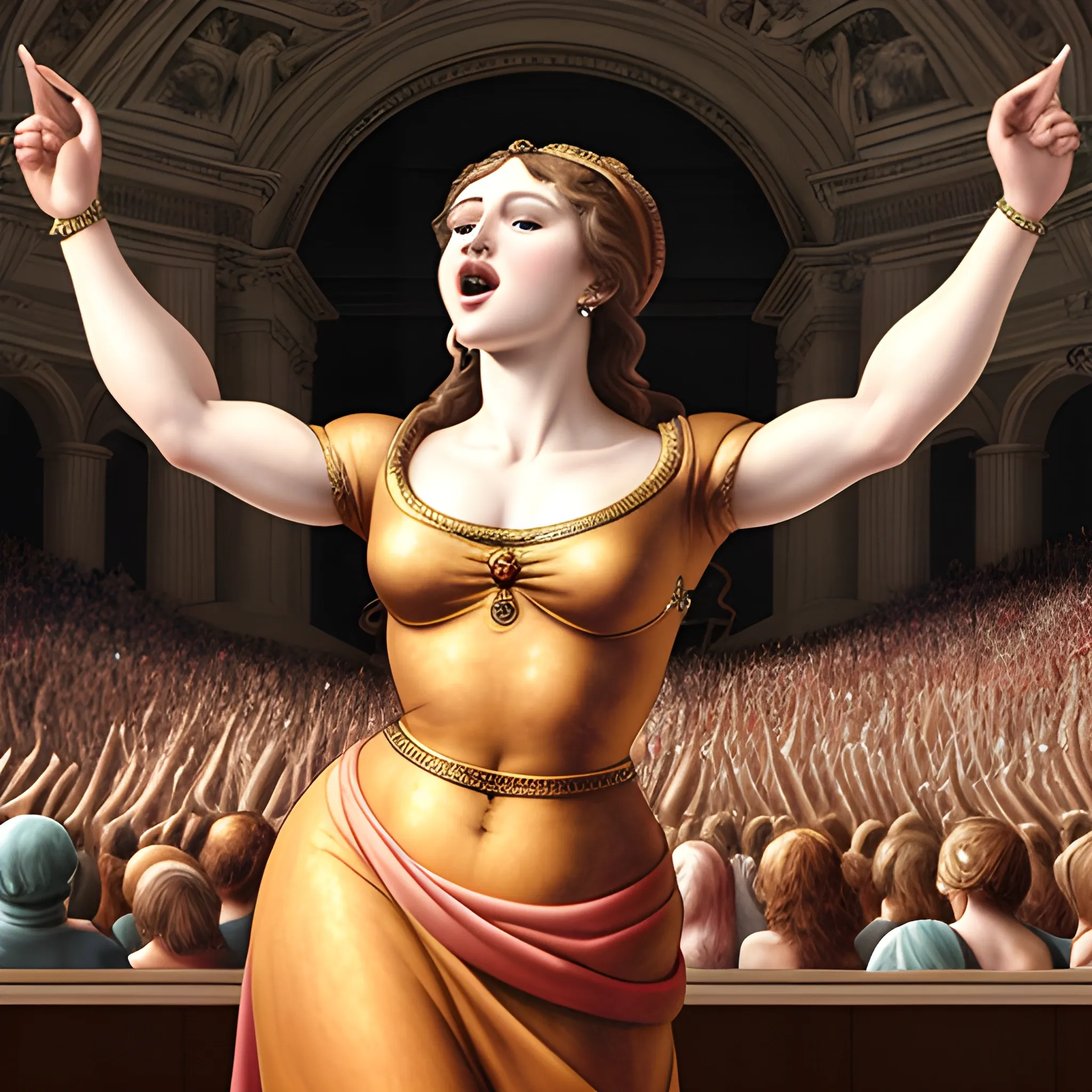 A detailed art piece in a Michelangelo art style, woman and godess, singer singing, in front of a concert full of people,
 