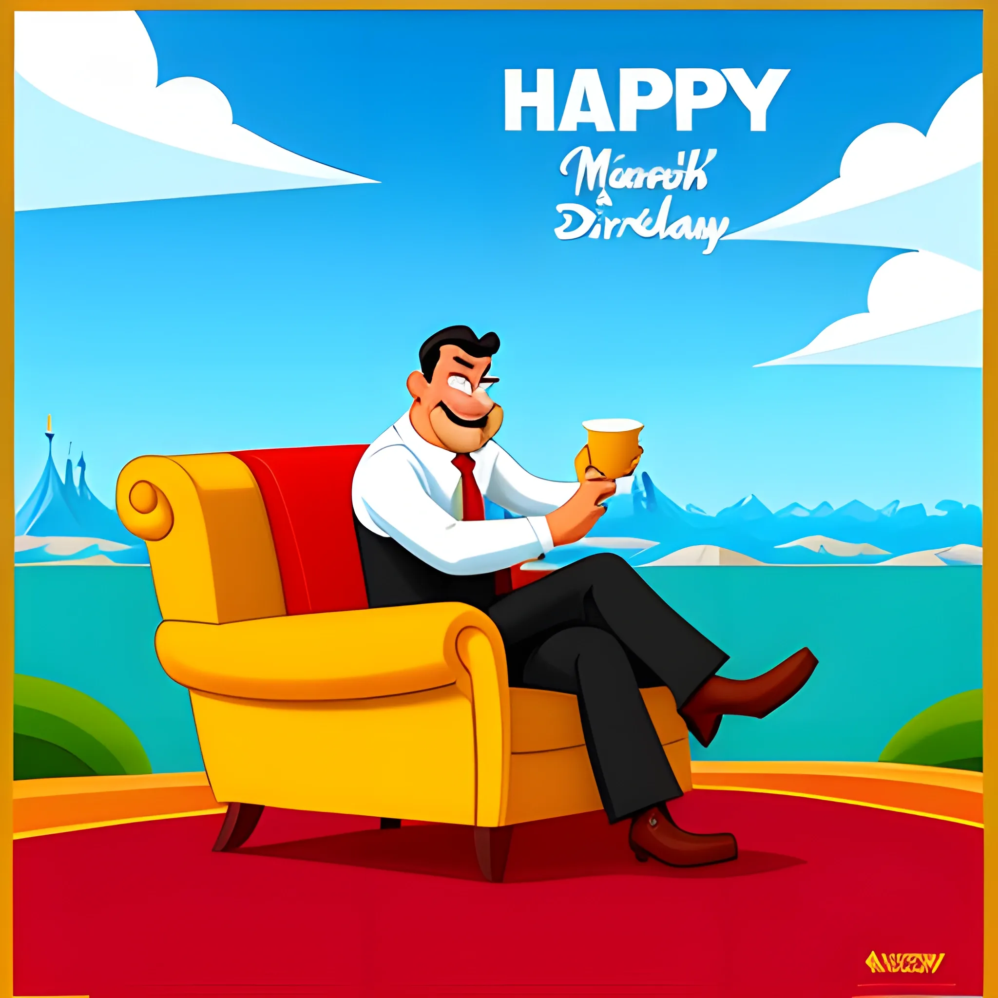 a kazaqstan boy sitting on the armchair, it's his birthday today, in style by disney's animation, Cartoon