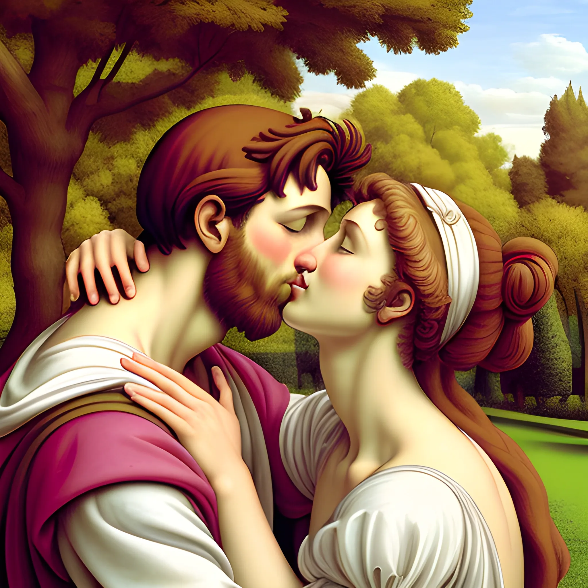 A detailed Michelangelo art style, man kissing a woman n a park, happy, 4K, high detailed, bold colours, light colours, 