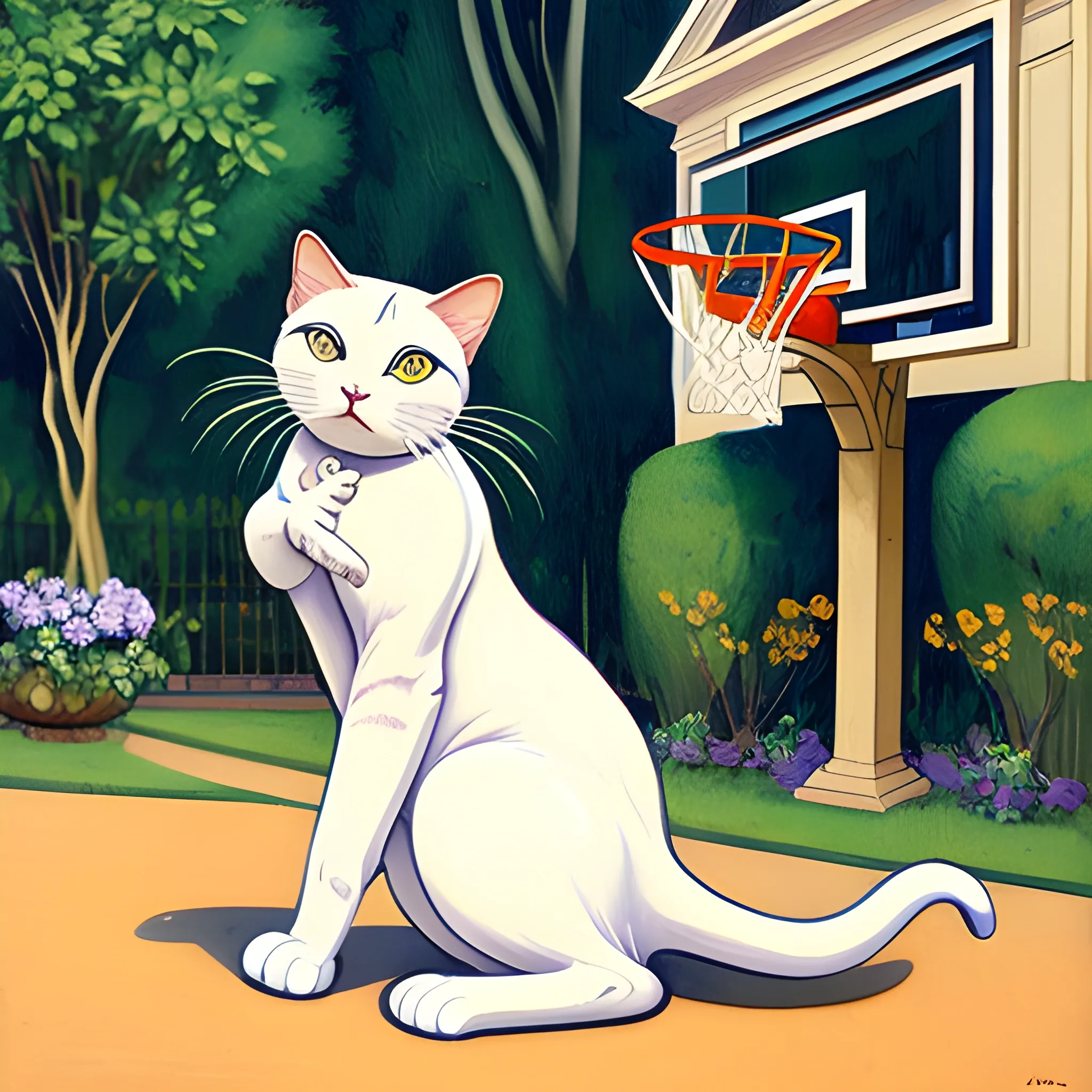 Art Nouveau painting, true aesthetics, cat playing basketball   in front of a yard, high quality, high detailed,  white cat, 