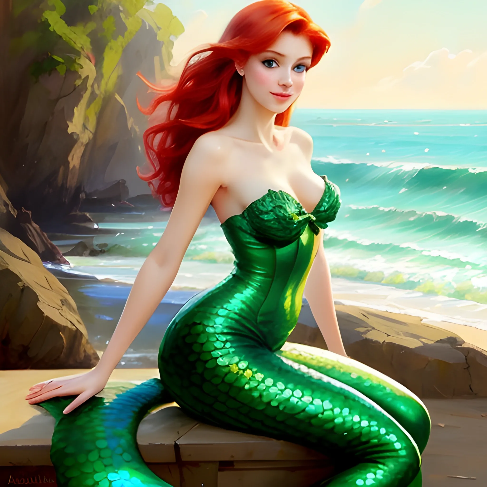 ariel, mermaid, red hair, green tail, beautiful woman, high detailed, Vladimir Volegov